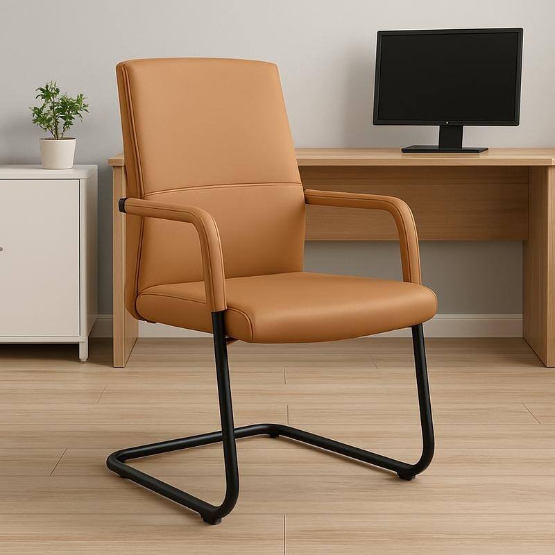 Left. LeisureMod - Evander Leather Office Chair with Aluminum Frame, Fixed Armrests, Sponge Cushion, Easy-Clean Design & Quick Assembly - Acorn Brown.