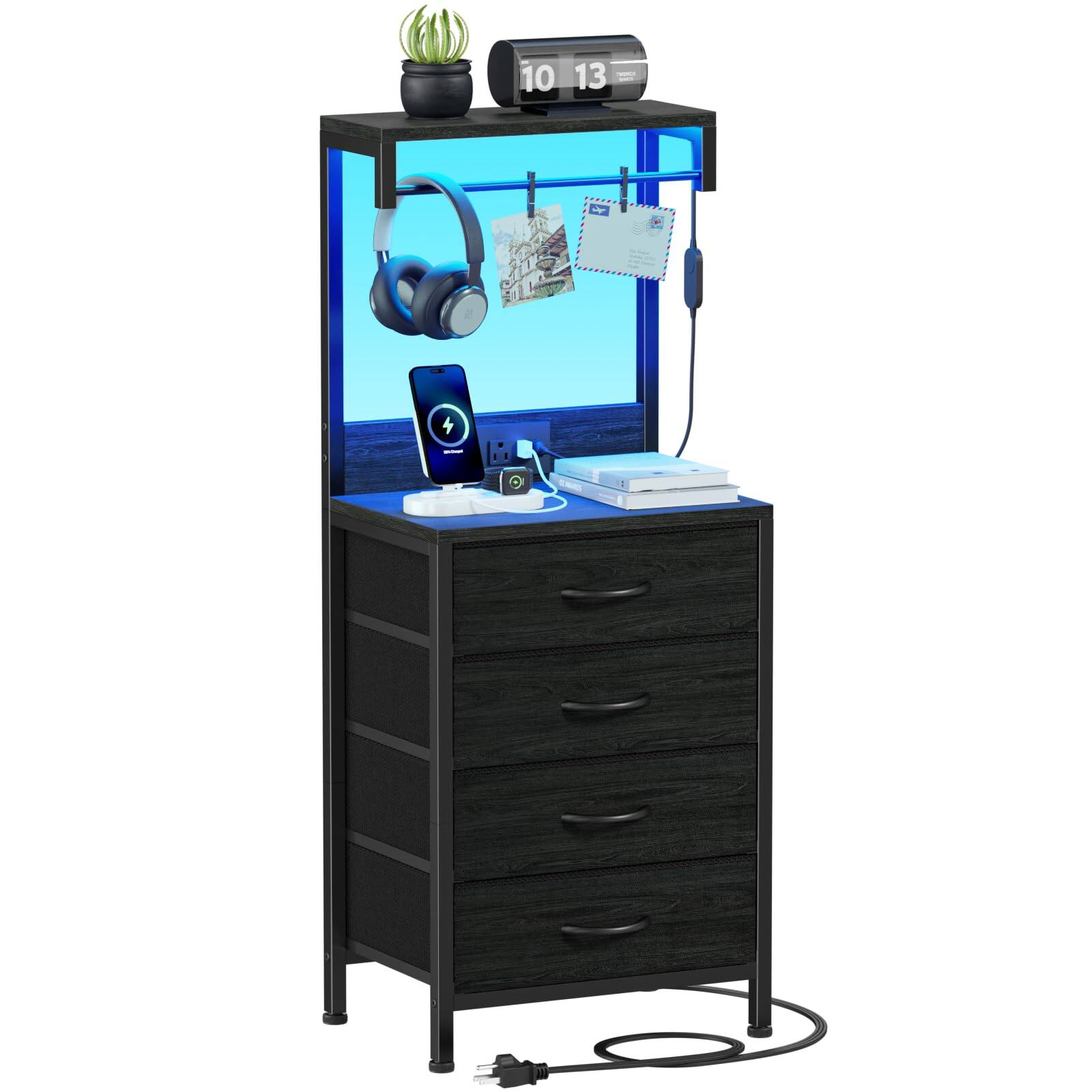 Front. PO3TICJUNKI3 - Night Stand With Station 38'' Tall Nightstand 4 Fabric Drawers And Led Lights Bedside Table Storage Shelf F... - Black Oak.