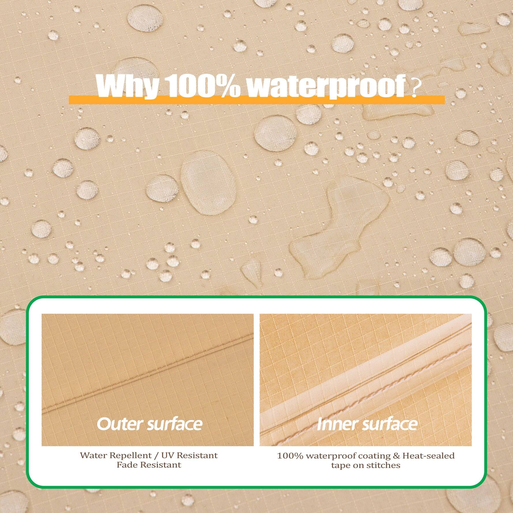 Why 100% waterproof?

Outer surface
- Water Repellent / UV Resistant
- Fade Resistant

Inner surface
- 100% waterproof coating & Heat-sealed tape on stitches