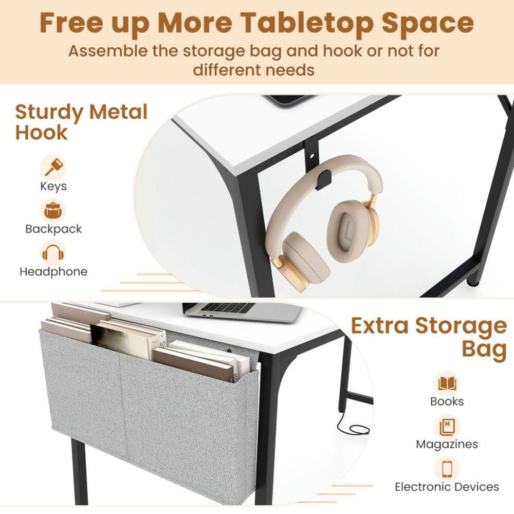 Free up More Tabletop Space  
Assemble the storage bag and hook or not for different needs  

Sturdy Metal Hook  
- Keys  
- Backpack  
- Headphone  

Extra Storage Bag  
- Books  
- Magazines  
- Electronic Devices