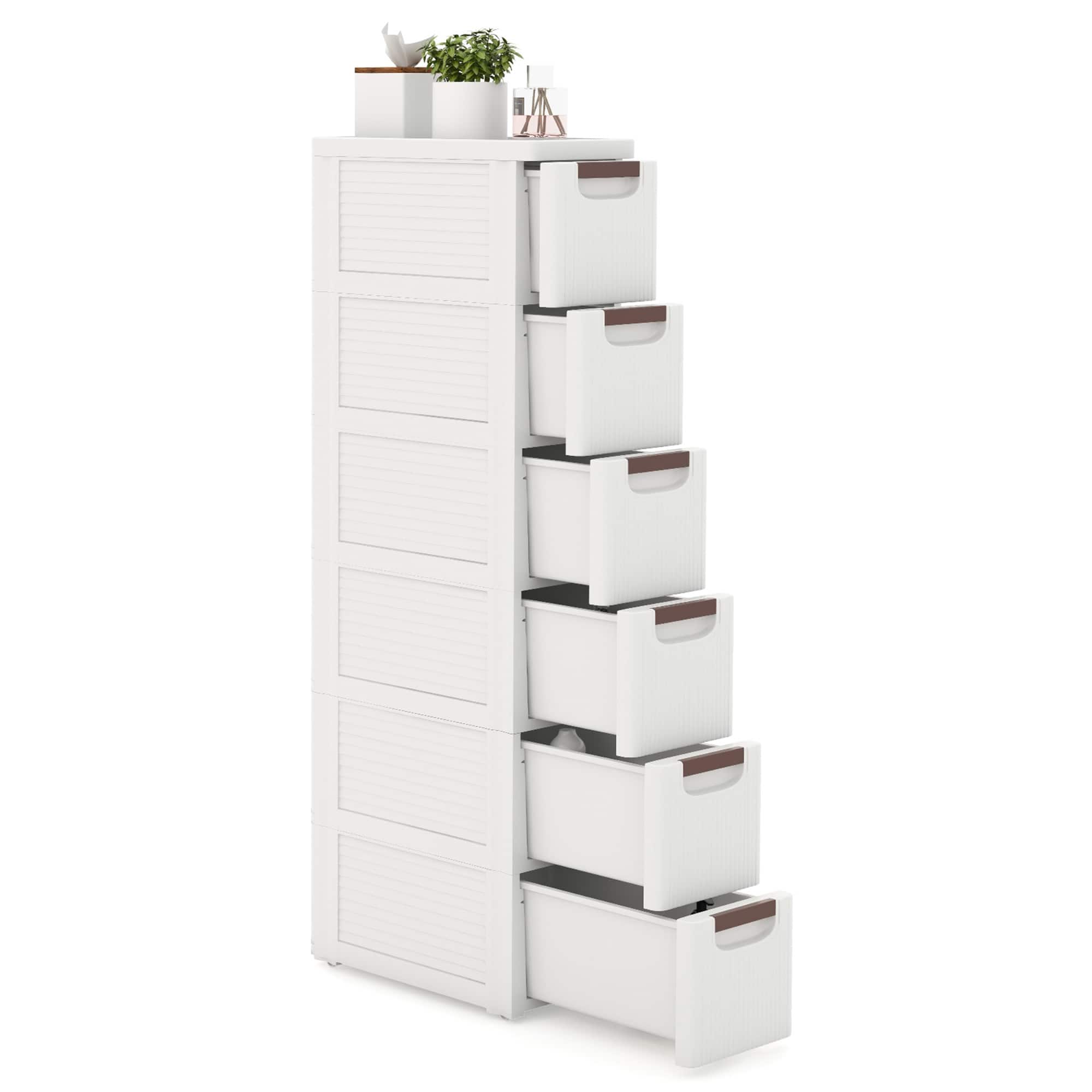 Gymax - 6-Drawer Narrow Rolling Storage Cabinet w/ Pull Handles Built-in Wheels - White