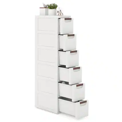 Front. Gymax - Gymax 6-Drawer Narrow Rolling Storage Cabinet w/ Pull Handles Built-in Wheels - White.