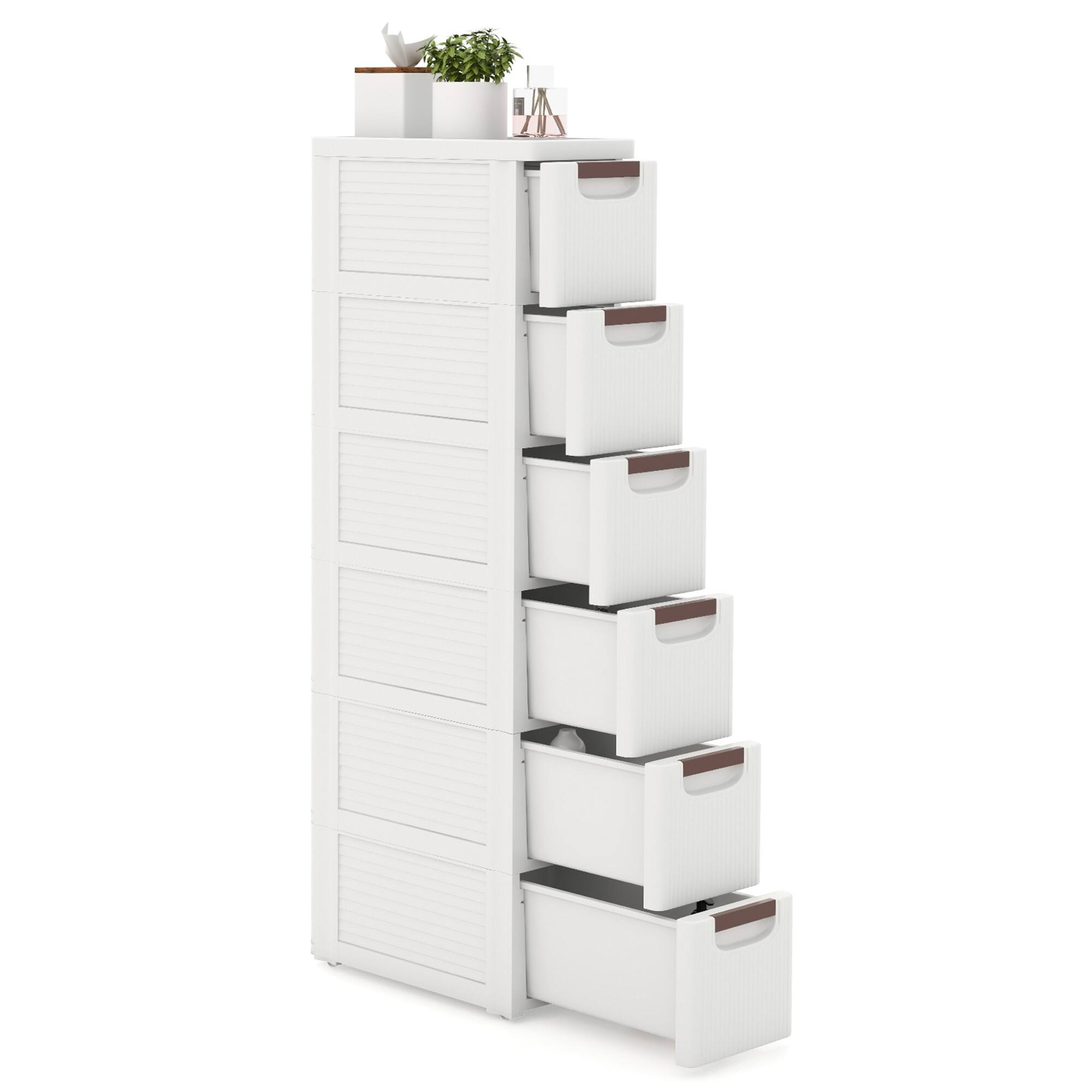Front. Gymax - Gymax 6-Drawer Narrow Rolling Storage Cabinet w/ Pull Handles Built-in Wheels - White.