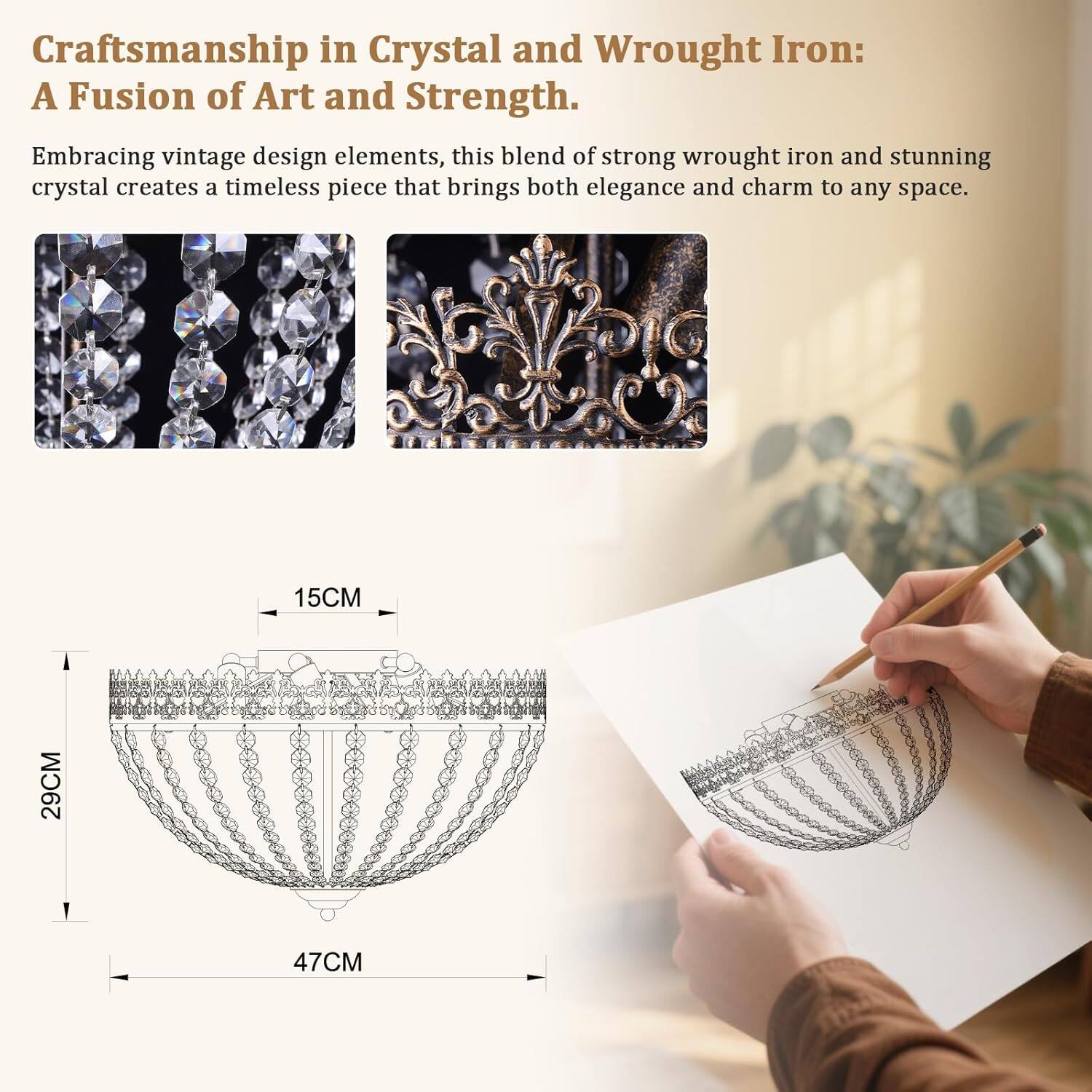 Craftsmanship in Crystal and Wrought Iron: A Fusion of Art and Strength.

Embracing vintage design elements, this blend of strong wrought iron and stunning crystal creates a timeless piece that brings both elegance and charm to any space.

15CM  
29CM  
47CM