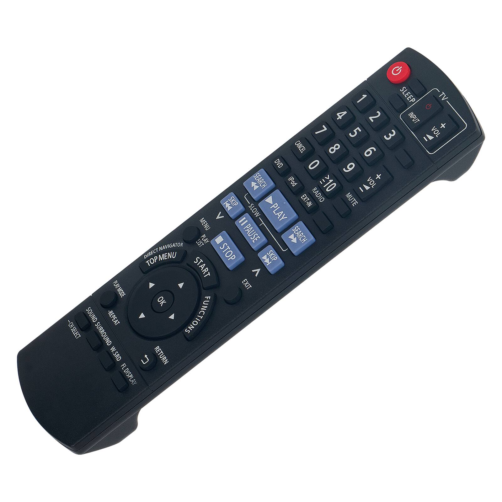 Sure, here is the corrected and grouped text from the image:

**Top Section:**
- SLEEP
- TV
- INPUT
- VOL -
- VOL +
- 1
- 2
- 3
- 4
- 5
- 6
- 7
- 8
- 9
- 0
- DVD
- iPod
- EXT-N
- RADIO
- MUTE
- SLOW
- PLAY
- PAUSE
- STOP
- SKIP
- START
- PLAY MODE
- EXIT
- OK
- SOUND
- REPEAT
- FUNCTIONS
- -CHSELECT
- SURROUND
- NS
- W.SRD
- U
- RETURN
- FL DISPLAY

**Middle Section:**
- DIRECT NAVIGATOR
- TOP MENU
- START
- EXIT
- OK
- FUNCTIONS
- RETURN

**Bottom Section:**
- SOUND SURROUND
- REPEAT
- -CHSELECT
- NS
- W.SRD
- U
- RETURN
- FL DISPLAY