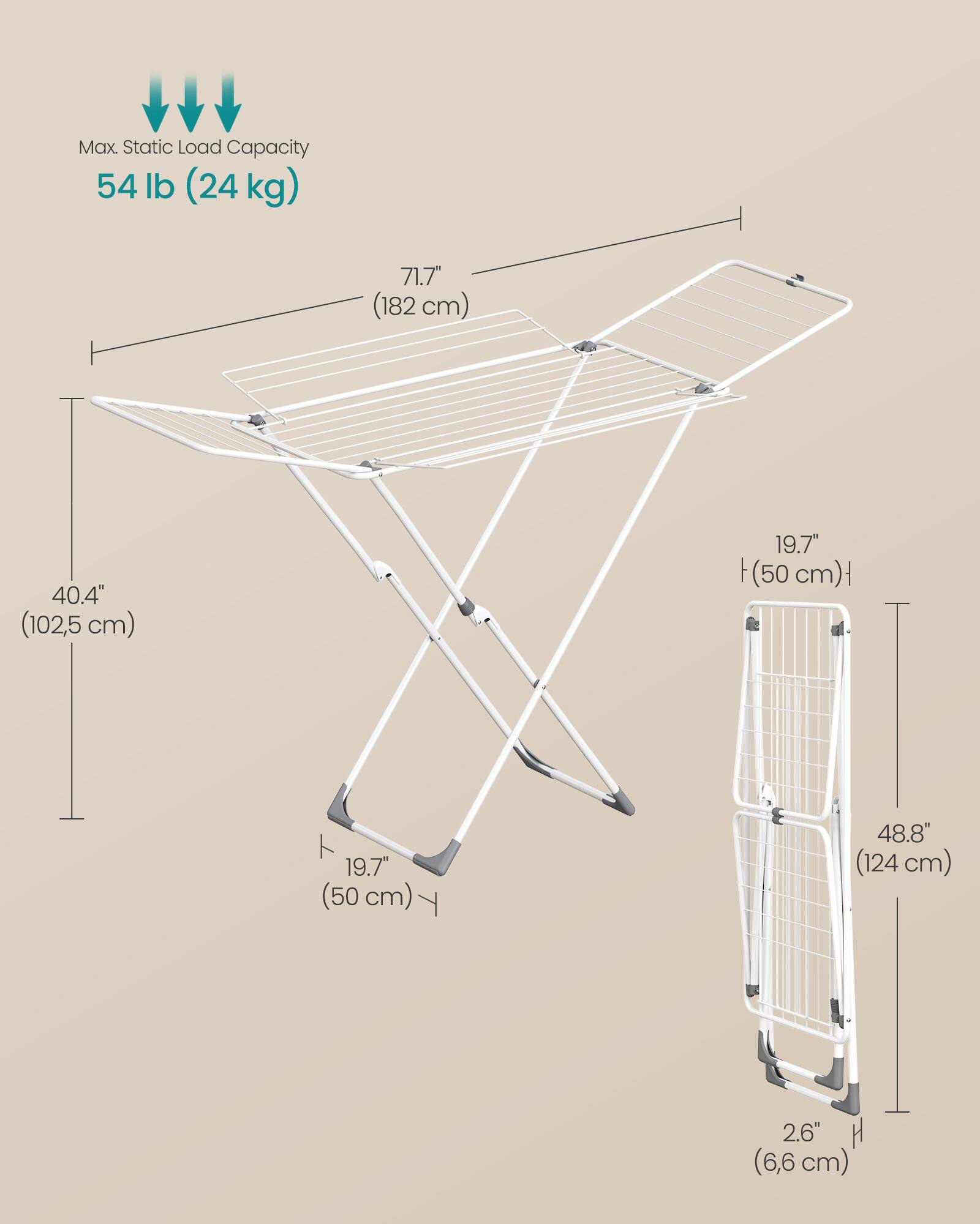 Max Static Load Capacity 54 lb (24 kg)  
71.7" (182 cm)  
40.4" (102.5 cm)  
19.7" (50 cm)  
48.8" (124 cm)  
2.6" (6.6 cm)