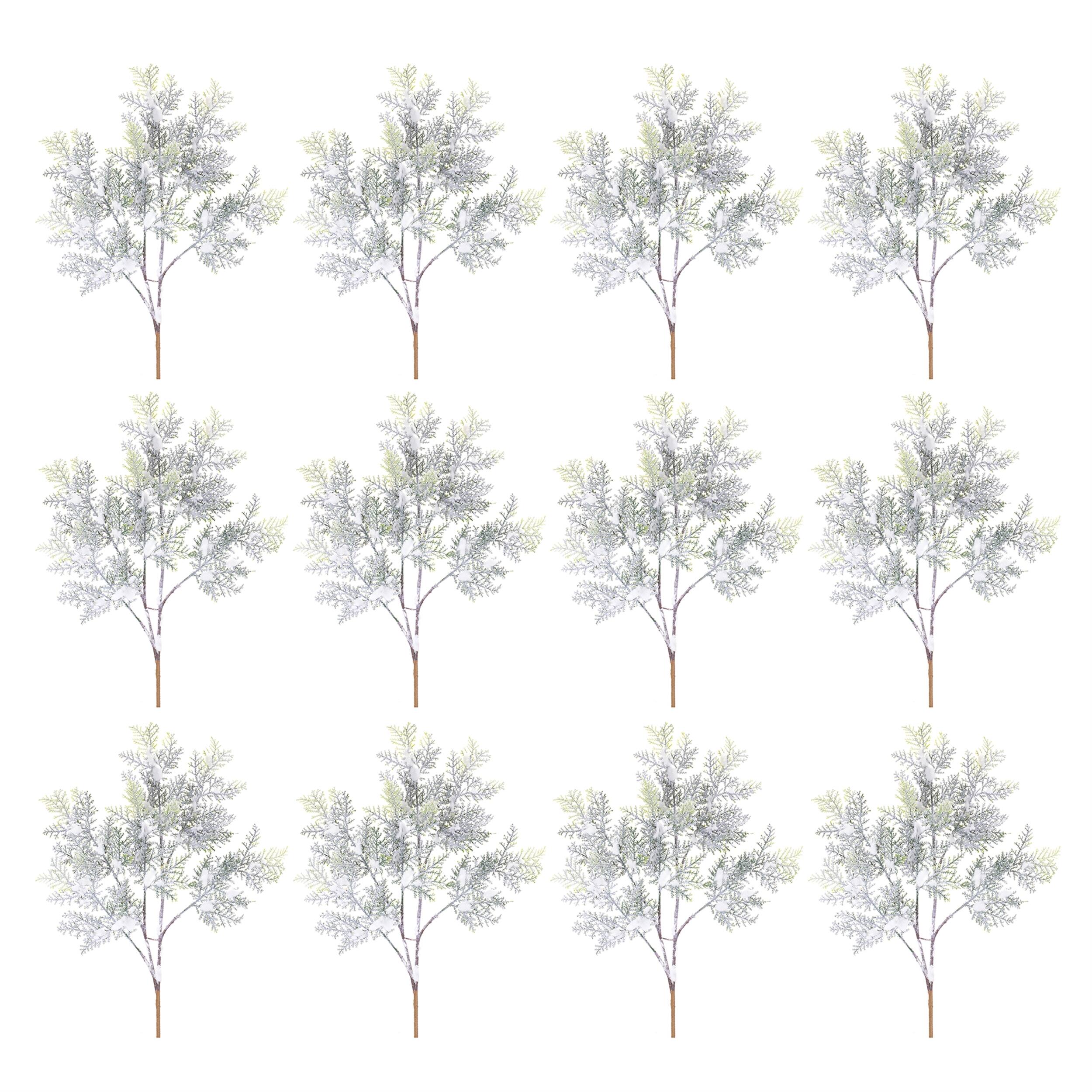 Back. BreeBe - Flocked Cedar Branch (Set of 12) - Green, White.