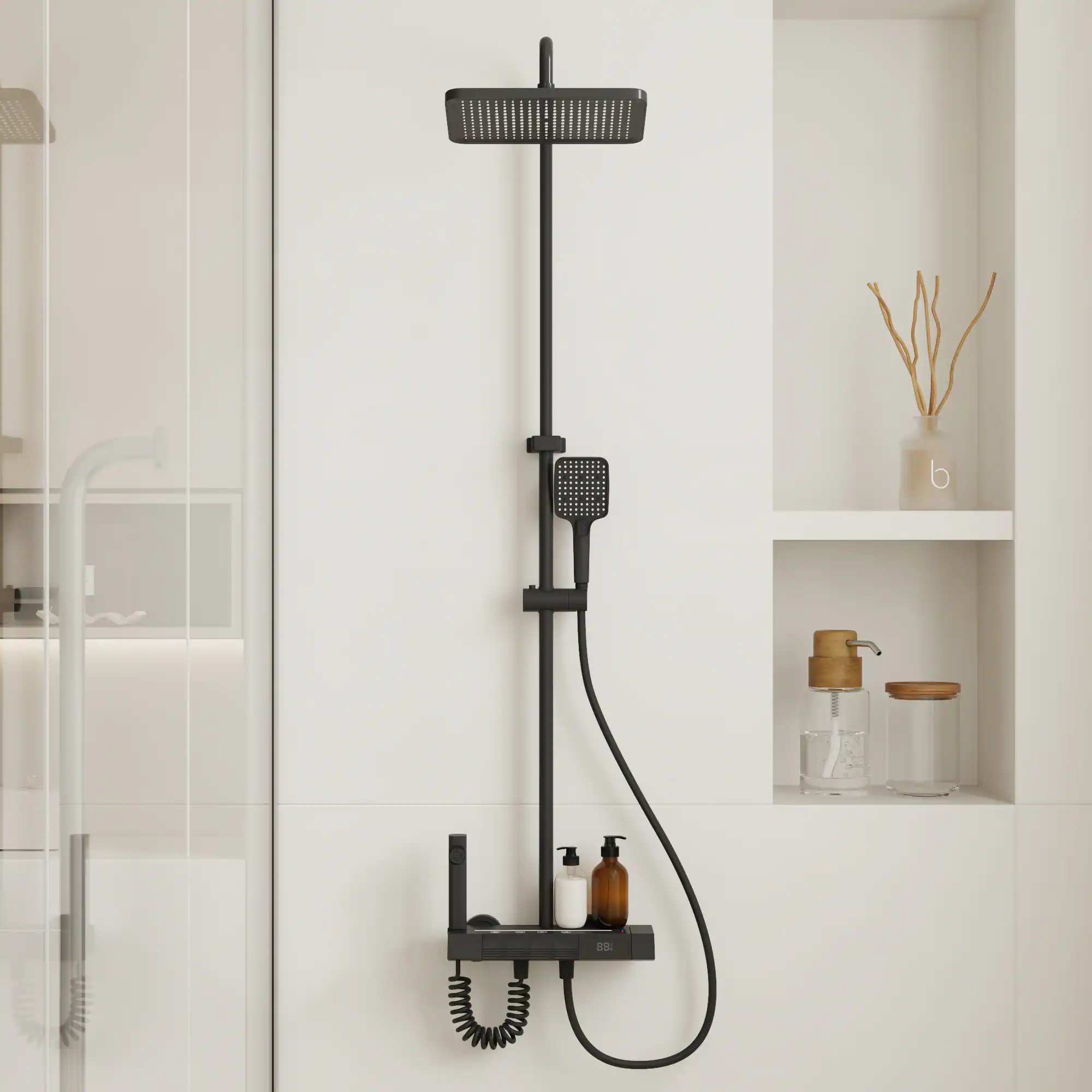 Angle. Famapy - Thermostatic Shower System with LED Temperature Display 4-Mode Rainfall Shower Combo with Handheld,Waterfall&Spray Gun - Black.