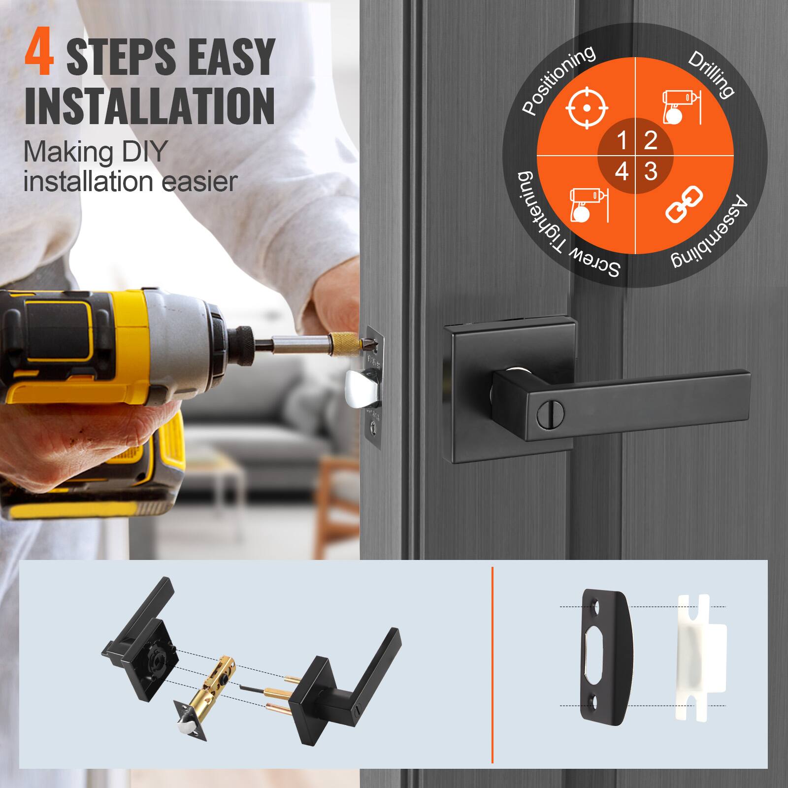 4 STEPS EASY INSTALLATION  
Making DIY installation easier  

1. Positioning  
2. Drilling  
3. Tightening Screw  
4. Assembling