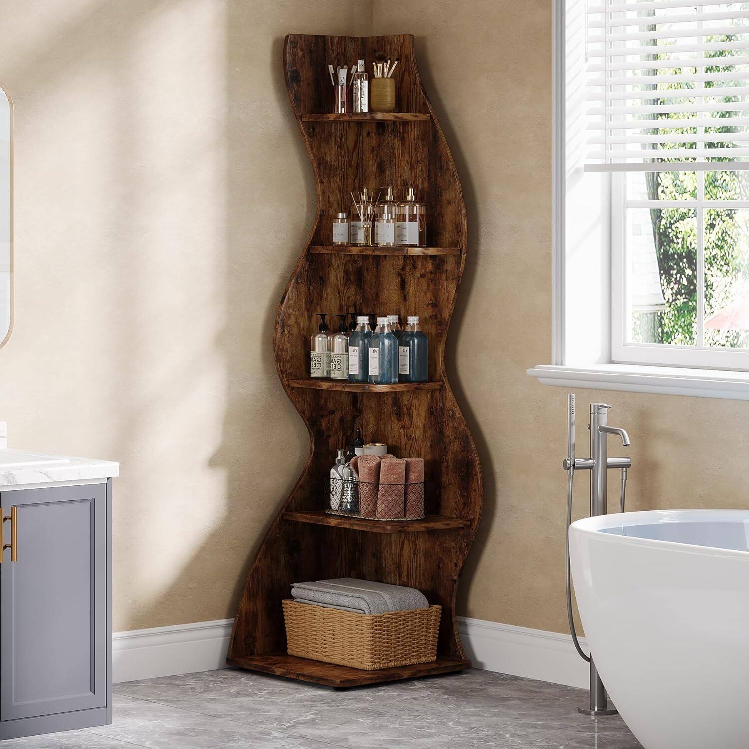 Alt View 1. Tribesigns - Corner Bookshelf with Storage Shelves and Book and Decor Display for Living Room - Dark Brown.