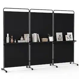 Costway - 3-Panel Room Divider with Storage Shelves 6FT Tall Folding Privacy Screen on Wheels - Black