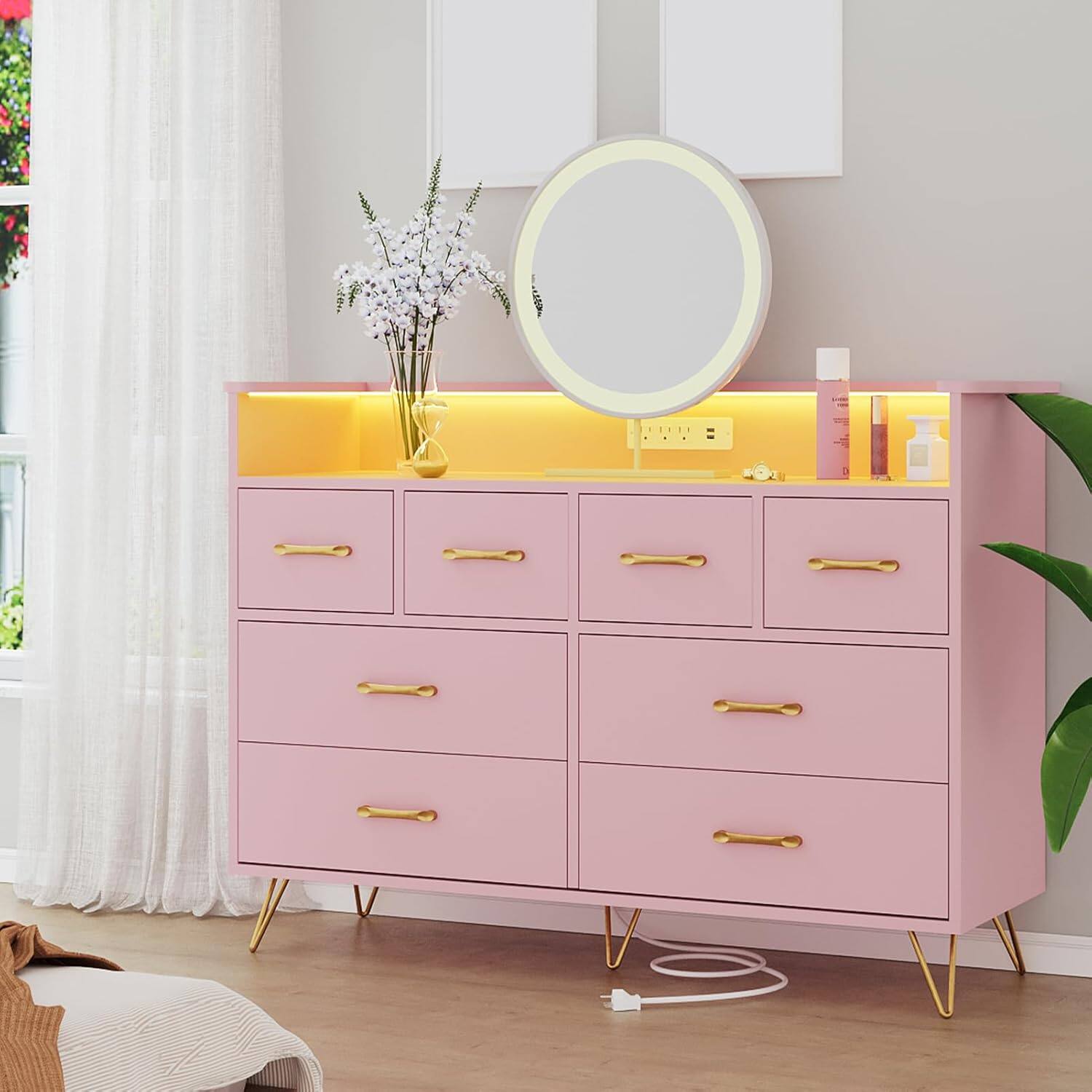 Front. GARVEE - 8 Drawer Dresser, LED Lights, Charging Station, Modern Chest, TV Stand, Bedroom, Living Room, Pink - Pink.