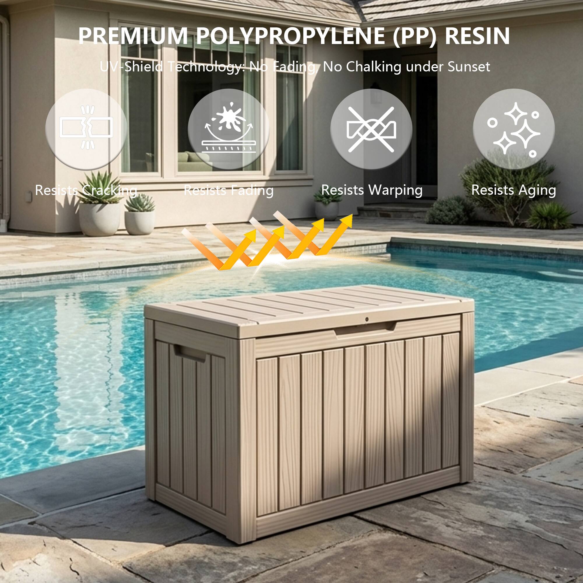 PREMIUM POLYPROPYLENE (PP) RESIN  
UV-Shield Technology: No Eading: No Chalking under Sunset  
Resists Cracking  
Resists Fading  
Resists Warping  
Resists Aging