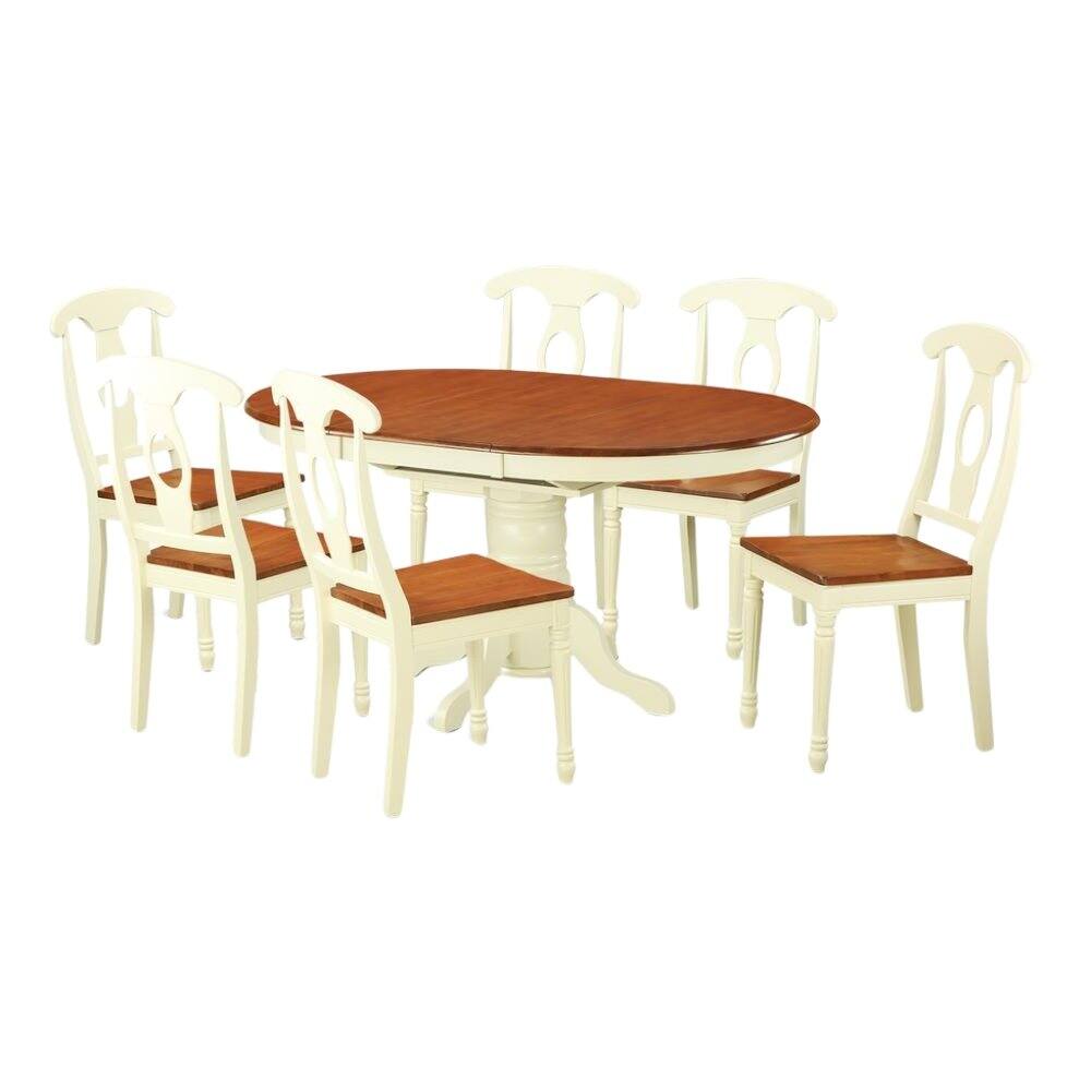 Left. FurniFact - Oval Dining Table Set for 6, Kitchen Table Chairs Set of 7 Pcs in White - Buttermilk & Cherry.