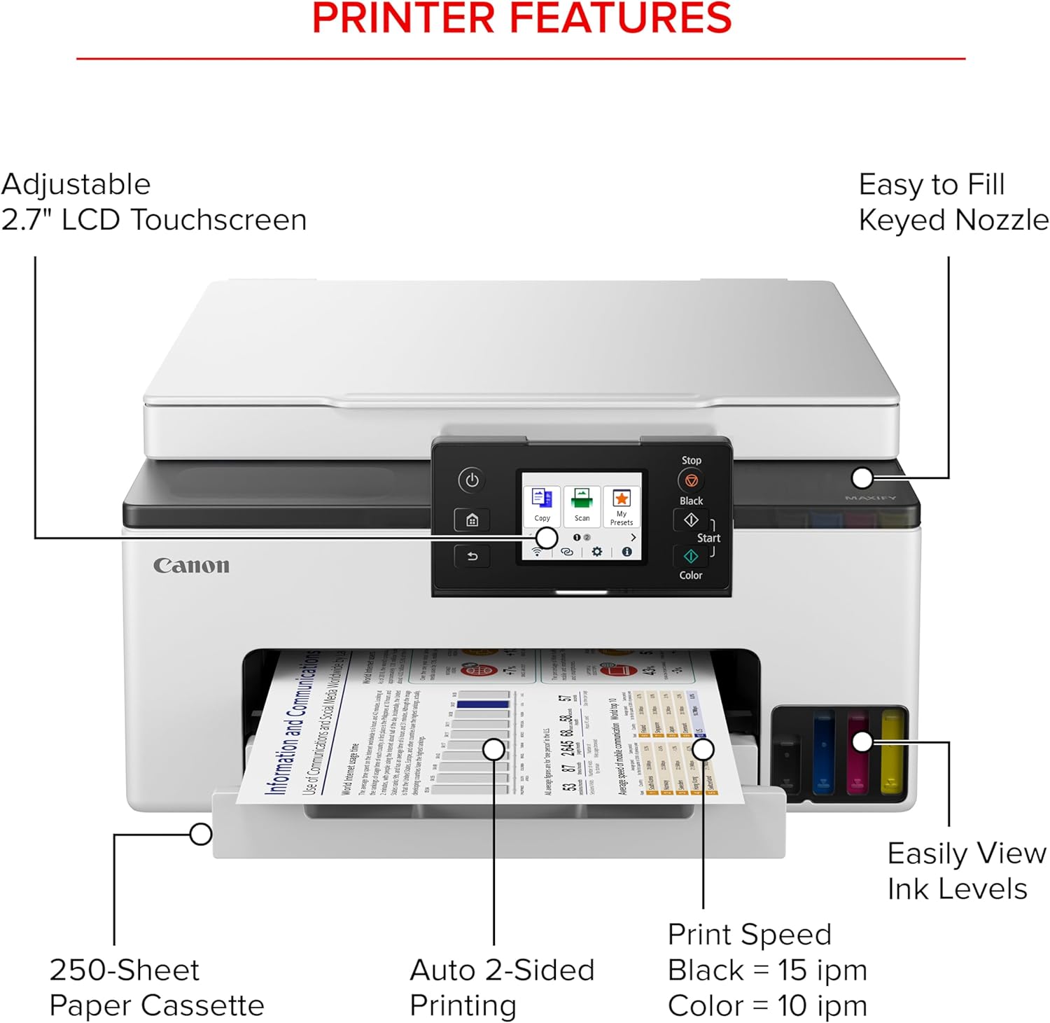 PRINTER FEATURES

- Adjustable 2.7" LCD Touchscreen
- Easy to Fill Keyed Nozzle
- Canon CAY Sear
- My tusets - Black
- Start: Color calons
- Communication and Information
- 250-Sheet Paper Cassette
- Auto 2-Sided Printing
- Easily View Ink Levels
- Print Speed: Black = 15 ipm, Color = 10 ipm