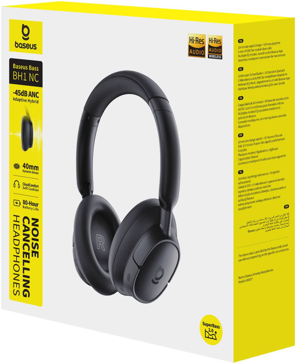 Baseus Bass BH1 NC -45dB ANC Adaptive Hybrid 40mm Dynamic Drivers CloudComfort Soft Cushion 80-Hour Battery Life HEADPHONES CANCELLING NOISE R Hi-Res Hi-Res AUDIO AUDIO WIRELESS SuperBass 2.0 charge hour playtime 1 expid calls for crystal clear 5 ant M ENC Baseu Ap tuned v the Multiple BC modes tHo dences conrection br Searless mutipcirt DE A 20 Stunden Spelant 10 Minuten Schalladen rstallidare Gesprc  ENC Er 5 ch de BasesA Mehvore EQ Mod abgestime fir 2k Serate Nahclose IS ocin a0hous *e sprodiu * X n cas Cerpripita para larados ENC con 5 microlones redarce la A ajuazades modes EQ Mullipies des aplicacin Baseus intemipciones san pin Coneecio drigesitivos FR Vicaute spide M 10 de charge appels arlatement A pour des ENC 5 man Impdes nglis par medes r'galituation Plusieurs Baseus apporeis Tapplication flaide