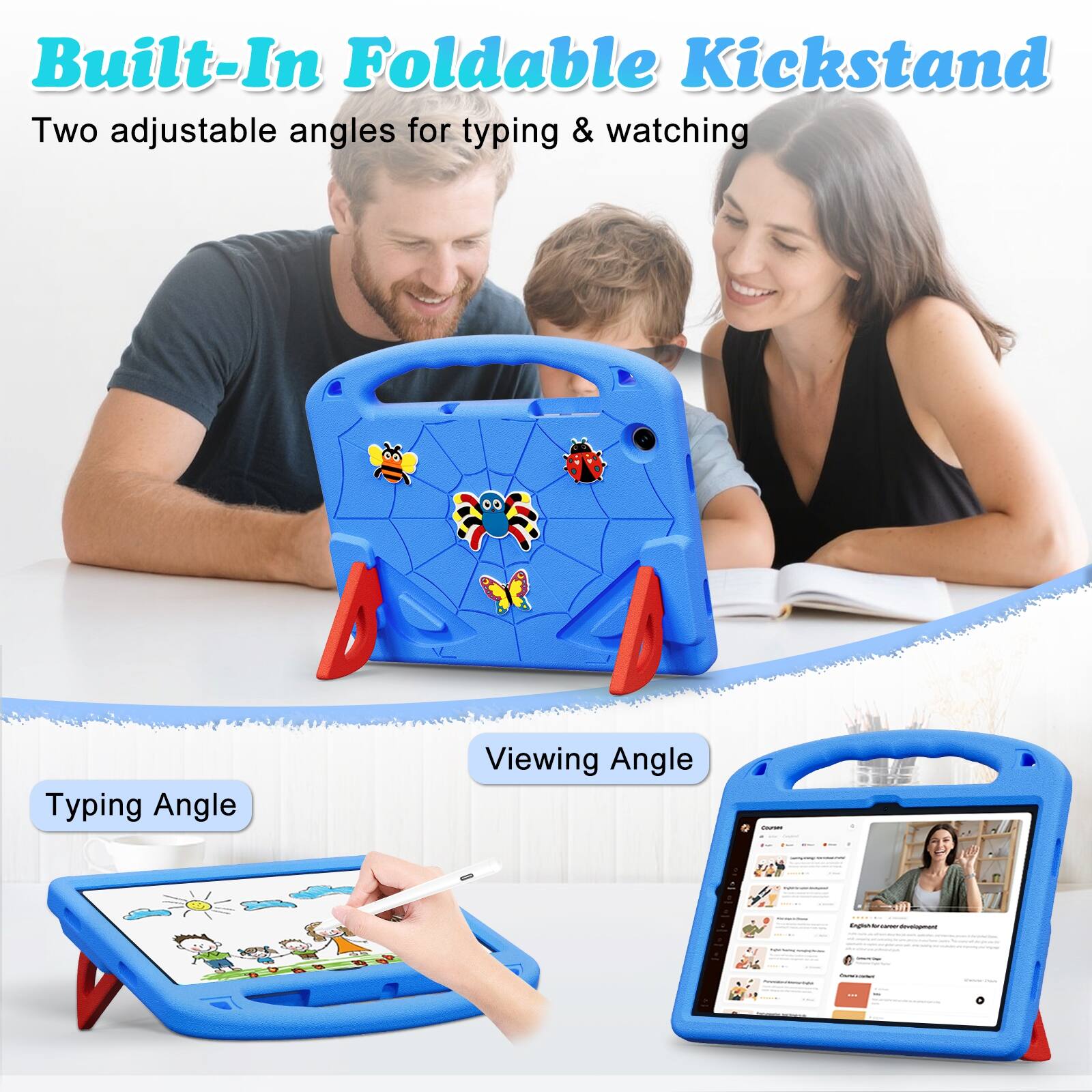 Built-In Foldable Kickstand  
Two adjustable angles for typing & watching

Typing Angle  
Viewing Angle

English by carbor development