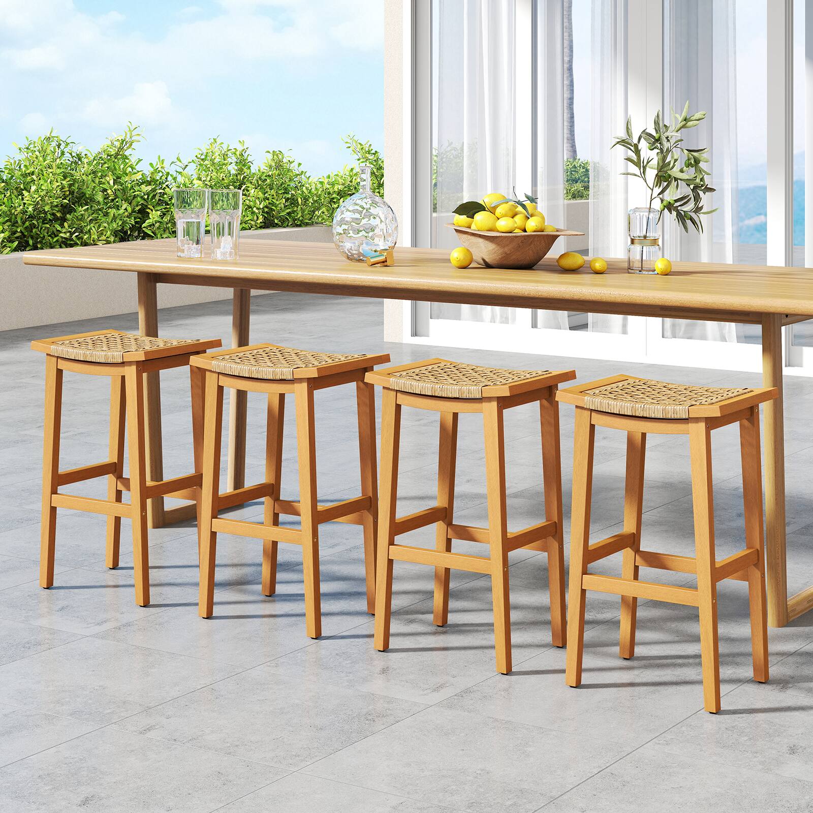 Alt View 1. Gymax - Gymax Outdoor Acacia Wood Bar Stools Set of 4 w/ PE Rattan Seats & Backrests - Yellow.