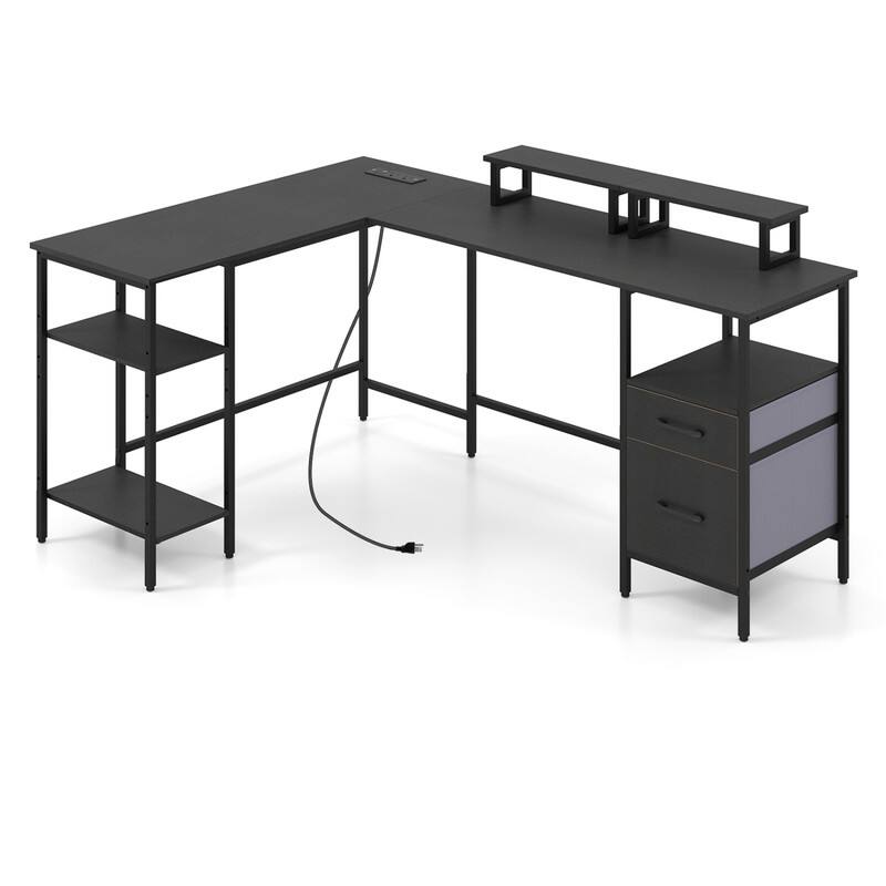Alt View 6. WELLFOR - Reversible L Shaped Desk with Power Outlet & 2 Fabric Drawers， Computer Desk with Open Shelf for Home Office - Black.