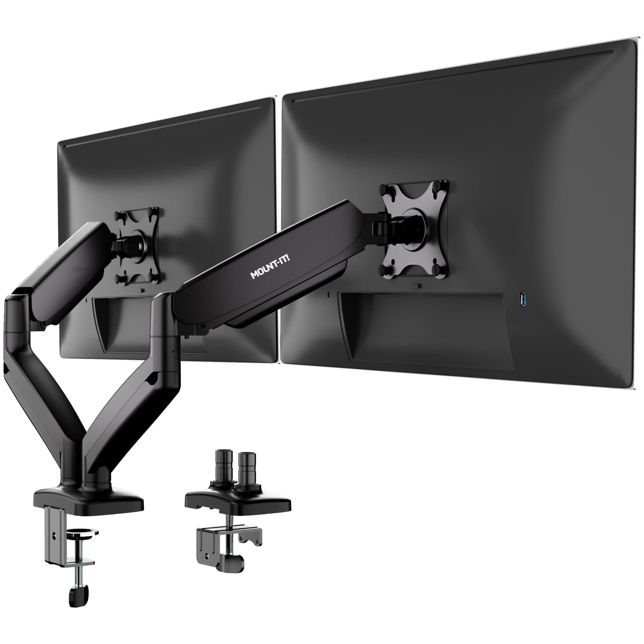 Left. Mount-It! - Dual Monitor Desk Mount with Gas Spring Arms, Adjustable Height and Tilt for 13"–32" Screens - Black.