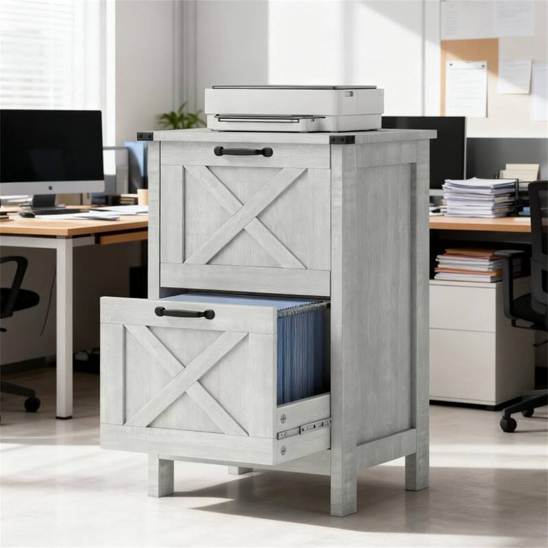 Alt View 2. HTUTWOO - Farmhouse Office Storage Cabinet - File Cabinet with 2 Drawers, Adjustable Bars for A4/Letter Files, Anti-Tipping Device - Gray.