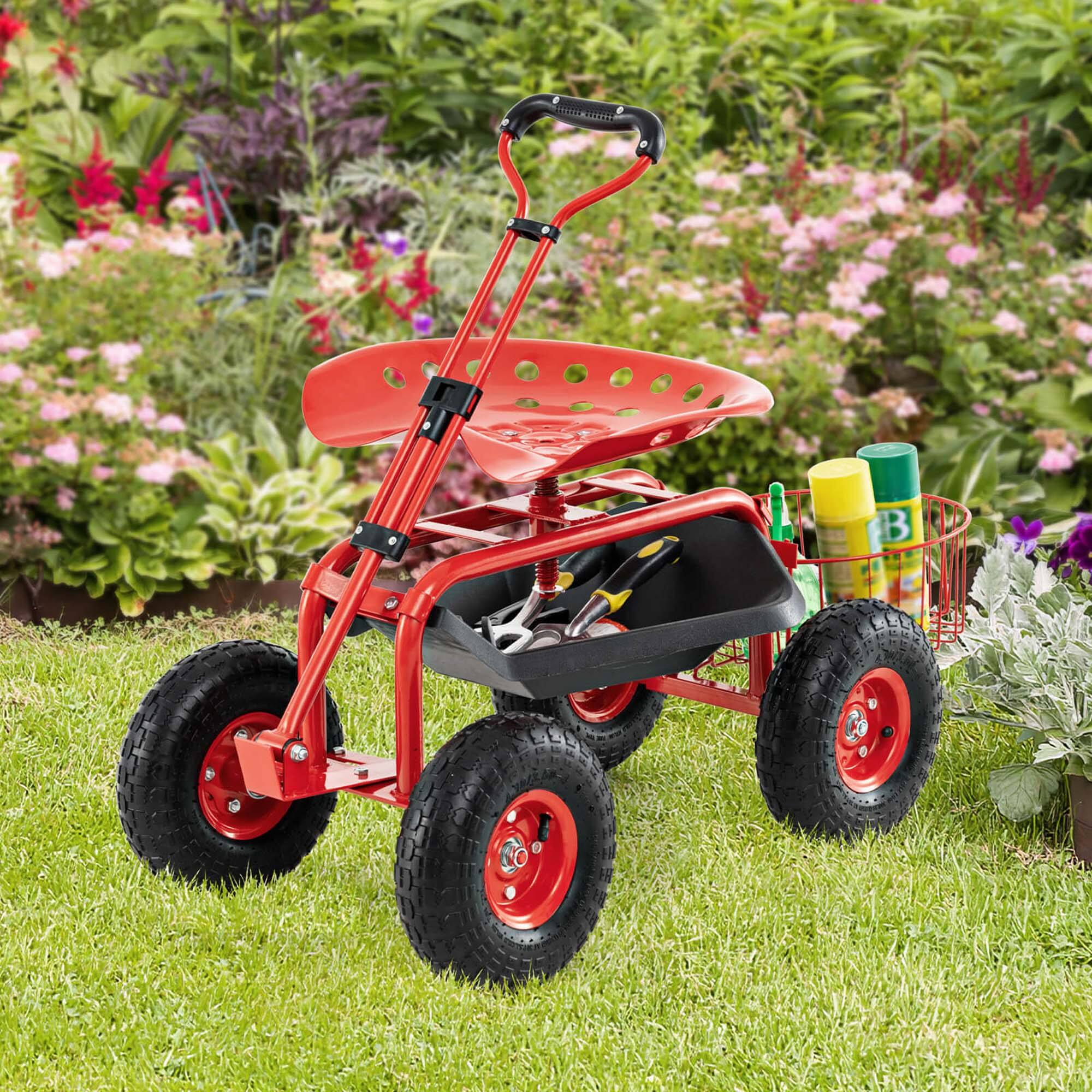 Alt View 3. Costway - Costway Garden Cart Patio Wagon Roll Work Seat with Tray Basket Extendable Handle - Red.
