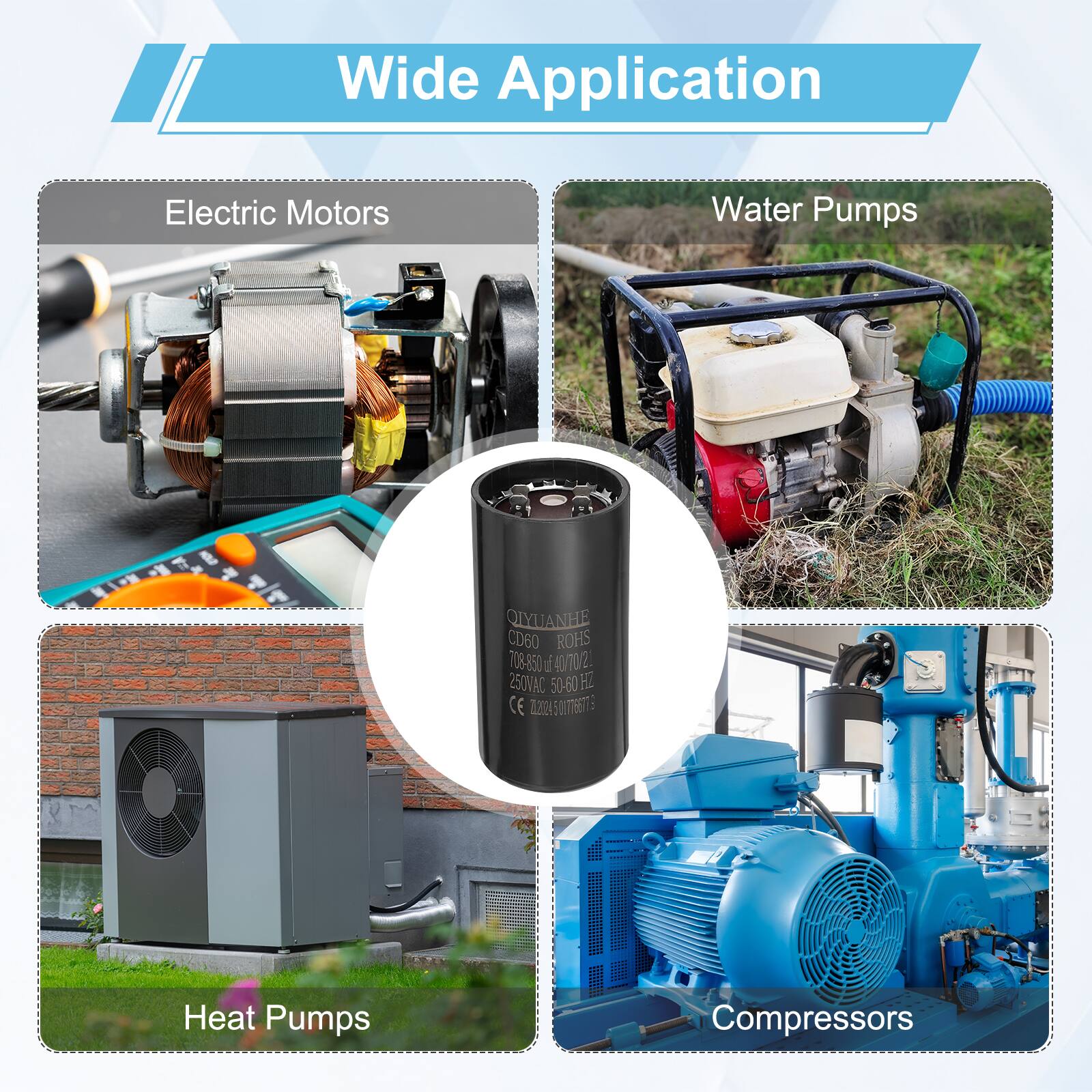 Wide Application

Electric Motors

Water Pumps

Heat Pumps

Compressors

QIYUANHE CD60 ROHS 708-850 f 40/70/2 250VAC 50-60 HZ CE 7224500766