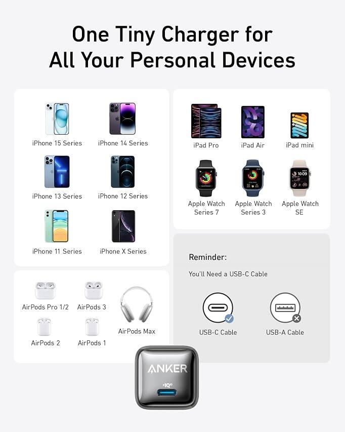 One Tiny Charger for All Your Personal Devices

iPhone 15 Series
iPhone 14 Series
iPad Pro
iPad Air
iPad mini
iPhone 13 Series
iPhone 12 Series
Apple Watch
Apple Watch Series 7
Apple Watch Series 3
SE
iPhone 11 Series
iPhone X Series

Reminder: You'll Need a USB-C Cable

AirPods Pro 1/2
AirPods 3
AirPods 2
AirPods 1
AirPods Max

USB-C Cable
USB-A Cable

ANKER