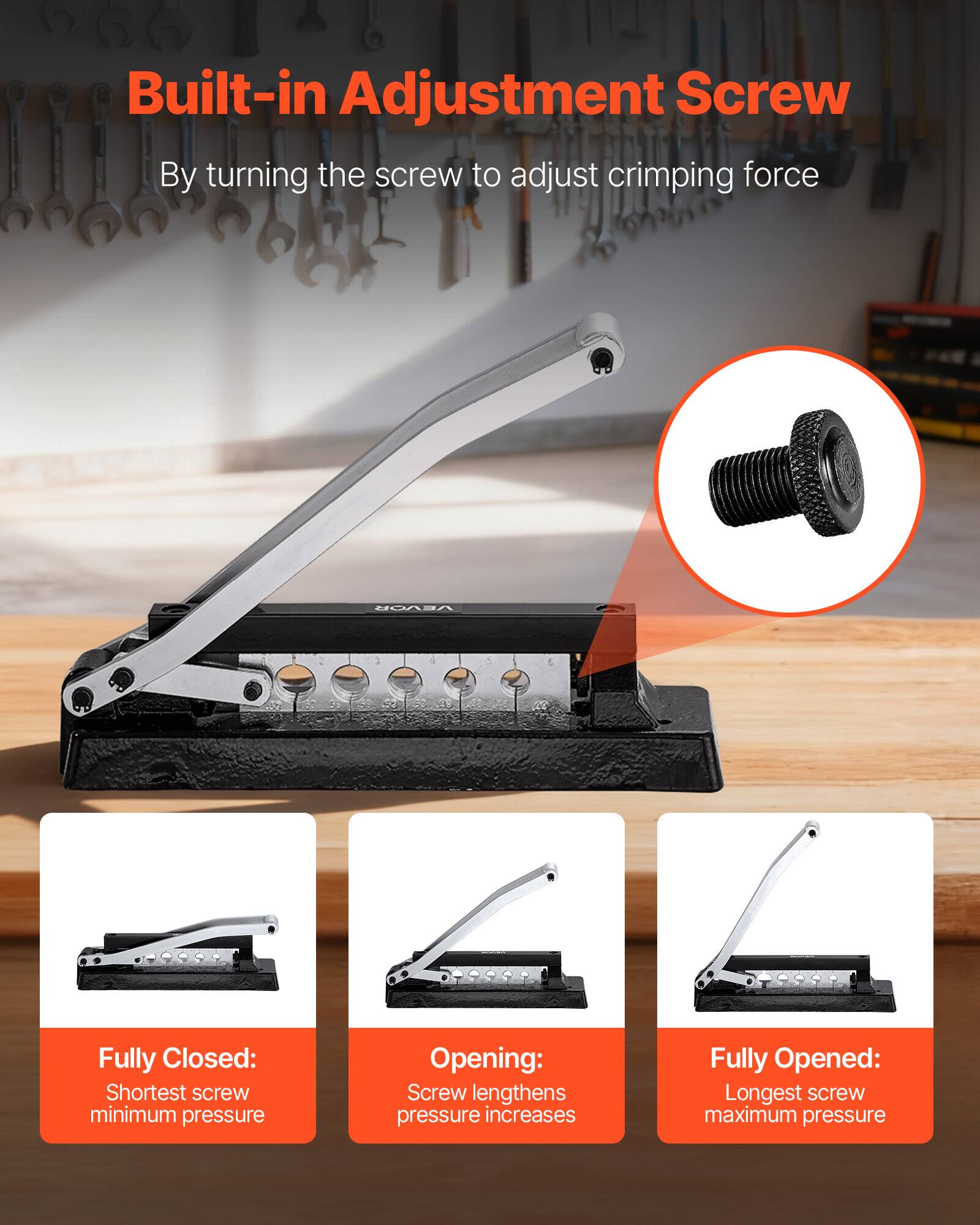 Built-in Adjustment Screw  
By turning the screw to adjust crimping force

Fully Closed:  
Shortest screw minimum pressure

Opening:  
Screw lengthens pressure increases

Fully Opened:  
Longest screw maximum pressure