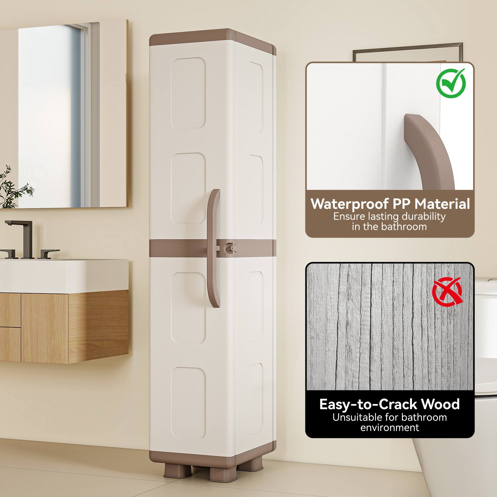 H 28  
Waterproof PP Material  
Ensure lasting durability in the bathroom  

Easy-to-Crack Wood  
Unsuitable for bathroom environment