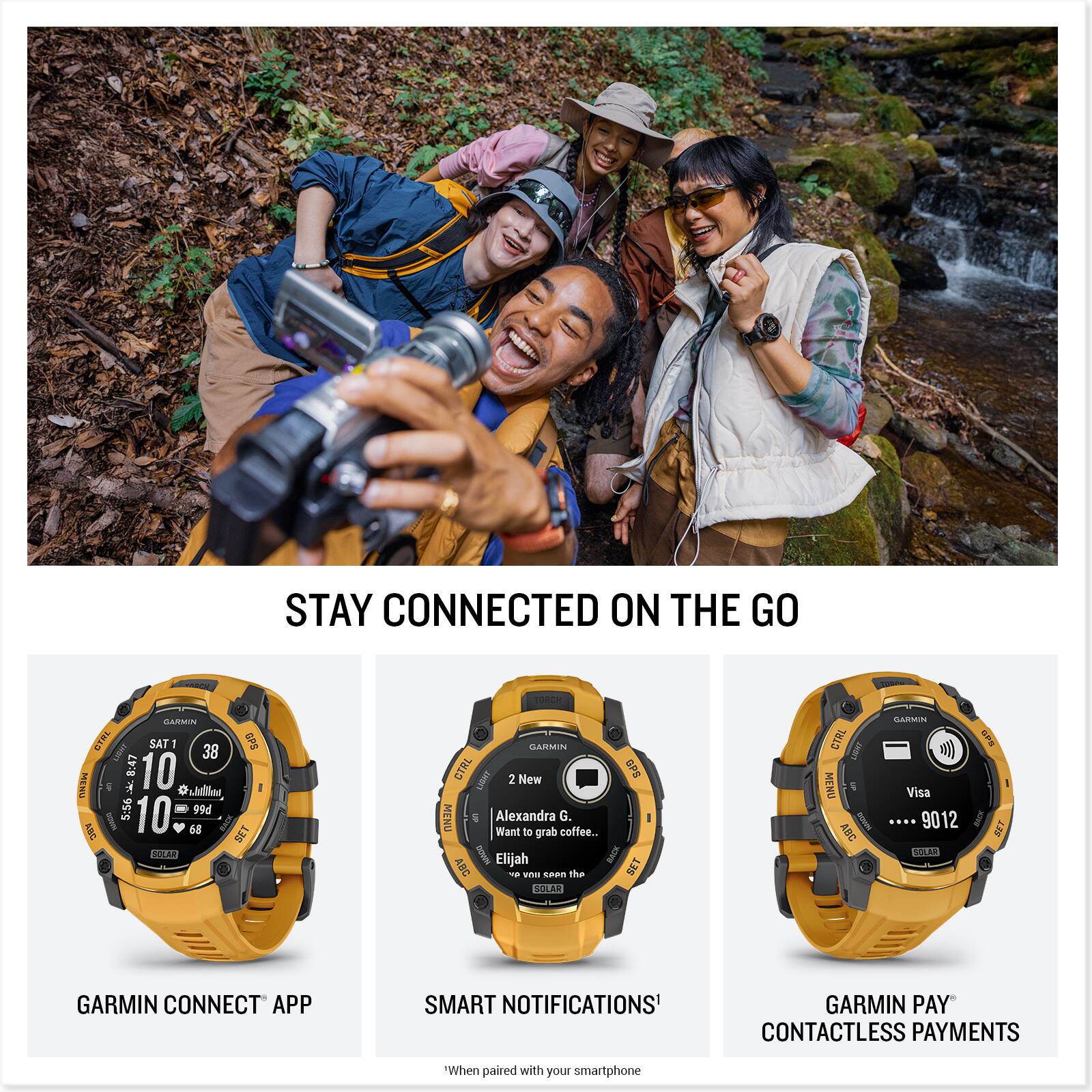 STAY CONNECTED ON THE GO

GARMIN CONNECT APP
SMART NOTIFICATIONS
GARMIN PAY
CONTACTLESS PAYMENTS

"When paired with your smartphone"