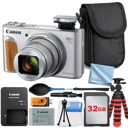 Canon 40x Optical Zoom Lens: 4.3-172.0mm 1:3.3-6.9
Canon SX740 HS
Canon Battery Charger
Canon Battery Pack NB-13L (3.6V, 1250mAh, 4.5Wh, Li-ion)
Card Reader
32GB SD Card
ZTY Tech Cleaning Kit
Tripod