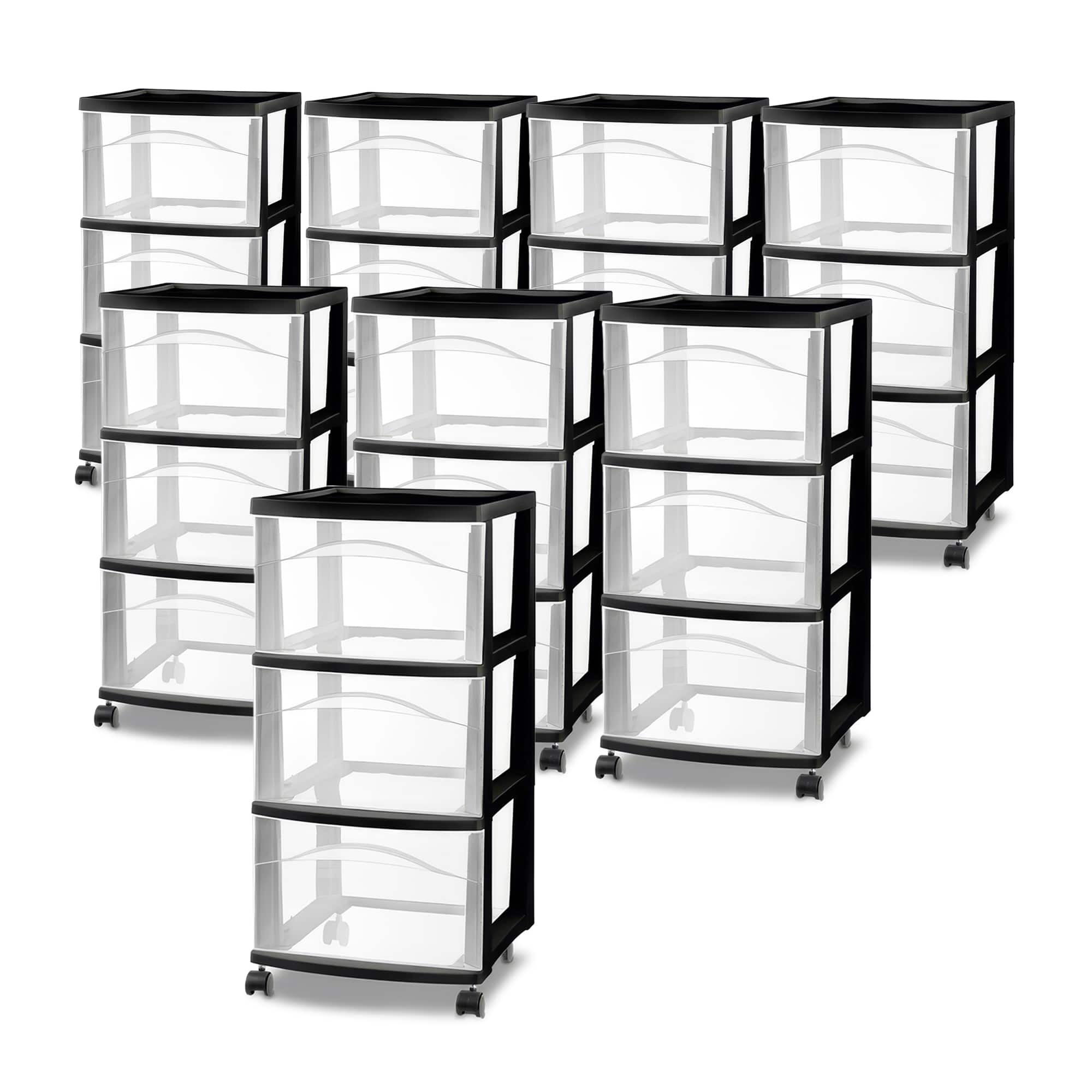 Sterilite - 3 Drawer Storage Cart, Plastic Rolling Medium Organizer, 8 Pack - Black