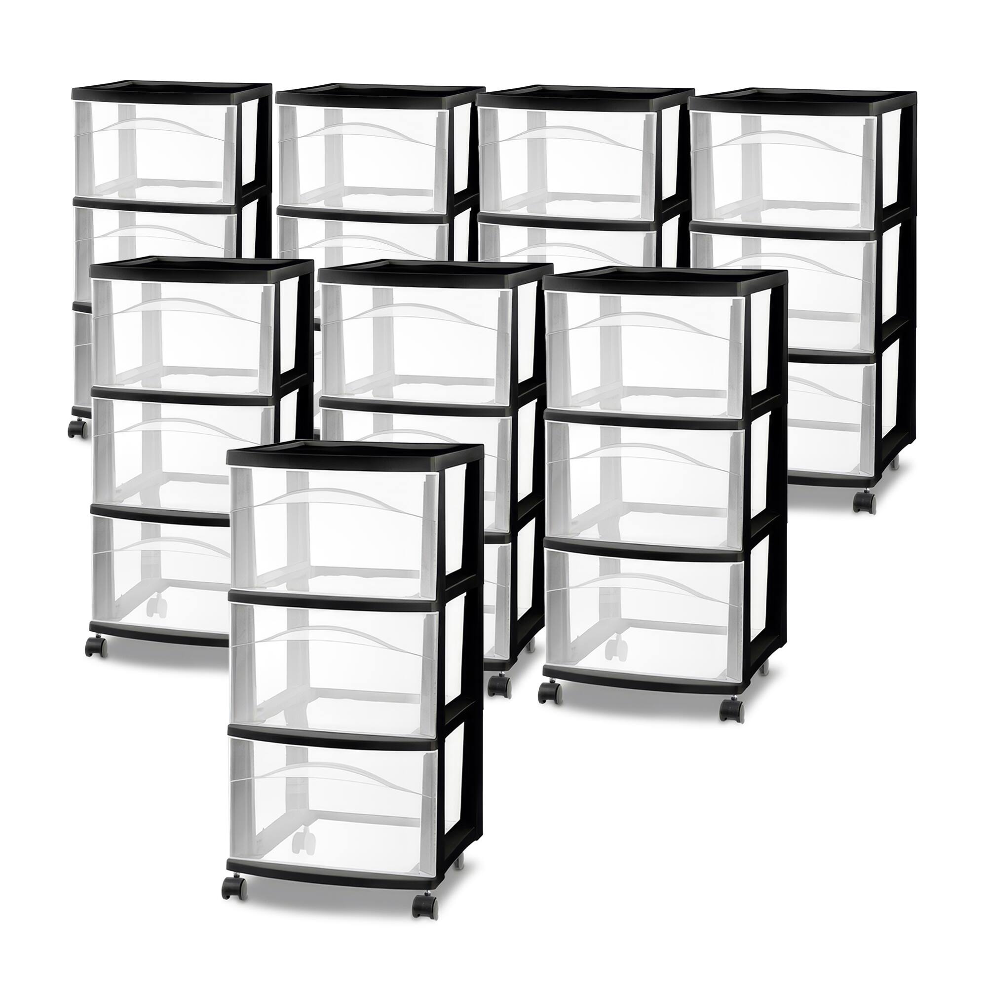 Front. Sterilite - Sterilite 3 Drawer Storage Cart, Plastic Rolling Medium Organizer, Black, 8 Pack - Black.