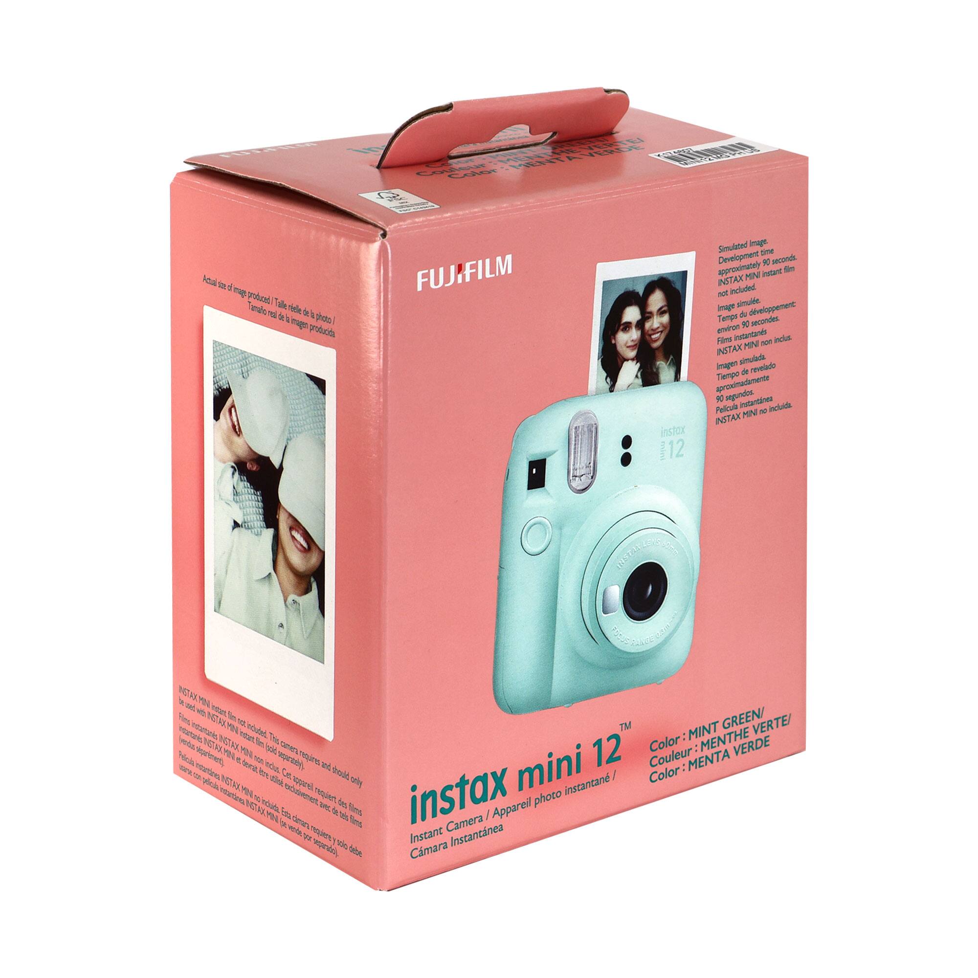 Sure, here is the corrected and grouped text from the image:

---

**FUJIFILM**

**instax mini 12**

**Color: MINT GREEN / Couleur: MENTHE VERTE / Color: MENTA VERDE**

**Simulated Image. Development time approximately 10 seconds. INSTAX MINI film not included.**

**Temps de développement environ 10 secondes. Film INSTAX MINI non inclus.**

**Pelicula INSTAX MINI no incluida.**

**Actual size of image produced. Taille réelle de l'image produite. Tamaño real de la imagen producida.**

**INSTAX MINI film not included. This camera requires INSTAX MINI film.**

**Film INSTAX MINI non inclus. Cette caméra nécessite du film INSTAX MINI.**

**Pelicula INSTAX MINI no incluida. Esta cámara requiere película INSTAX MINI.**

**Appareil photo instantané / Instant Camera / Cámara instantánea**

**instax mini 12**

**Fujifilm**

**Simulated Image. Development time approximately 10 seconds. INSTAX MINI film not included.**

**Tem