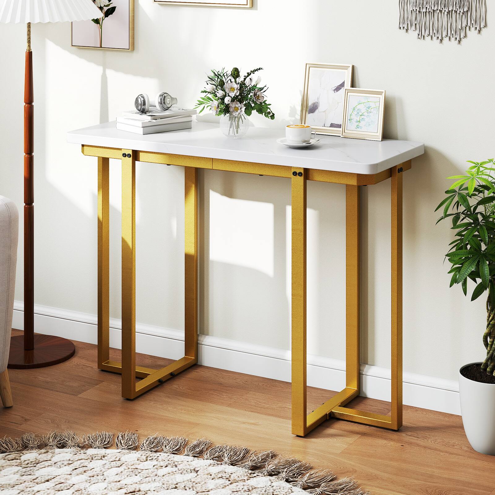 Alt View 1. Gymax - Gymax Console Table 42'' Modern Faux Marble Entryway Table w/ Geometric Metal Frame White - White.
