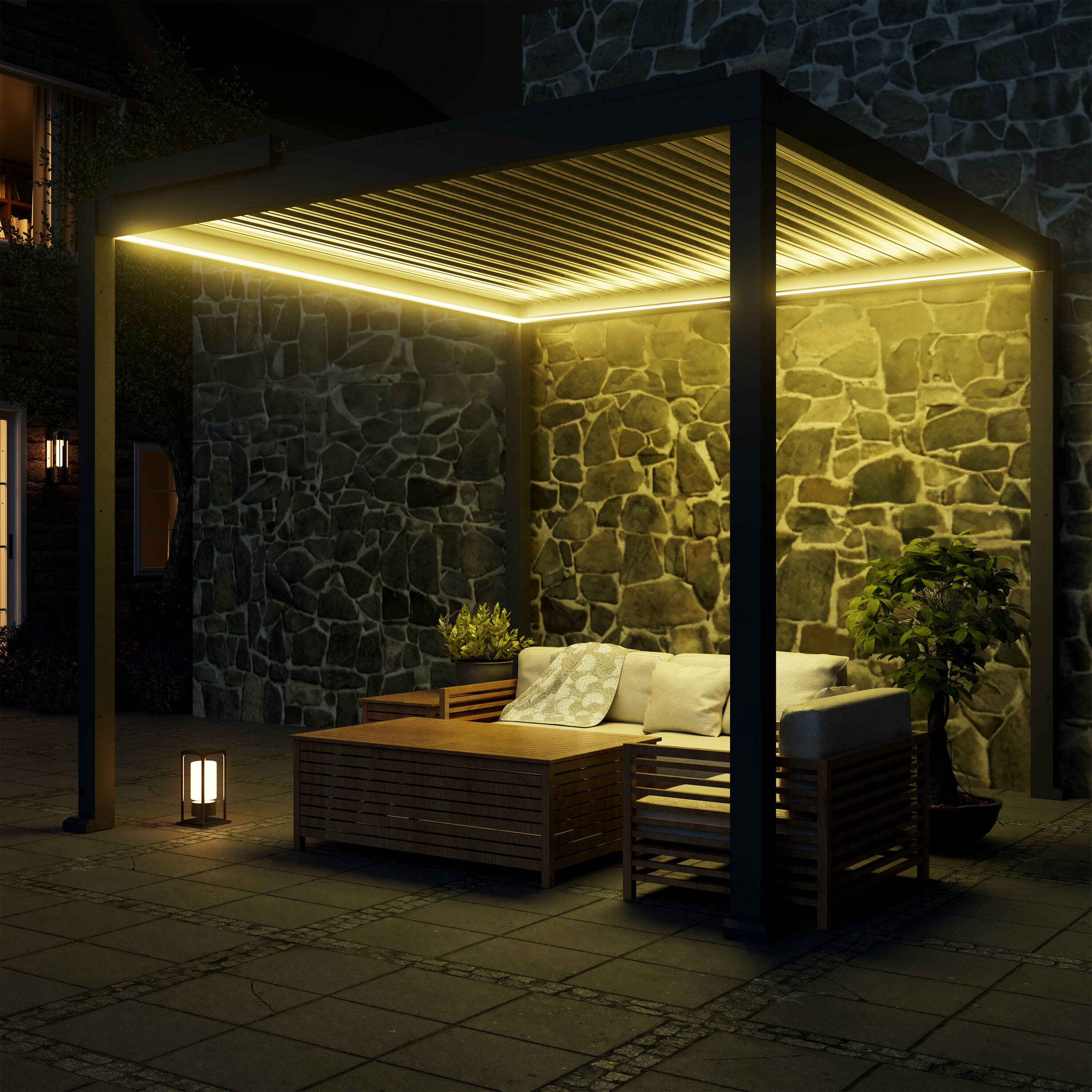 Angle. Mondawe - 10x10FT Electric Adjustable Aluminum Louver Pergola with Integrated LED Lights - Gray.