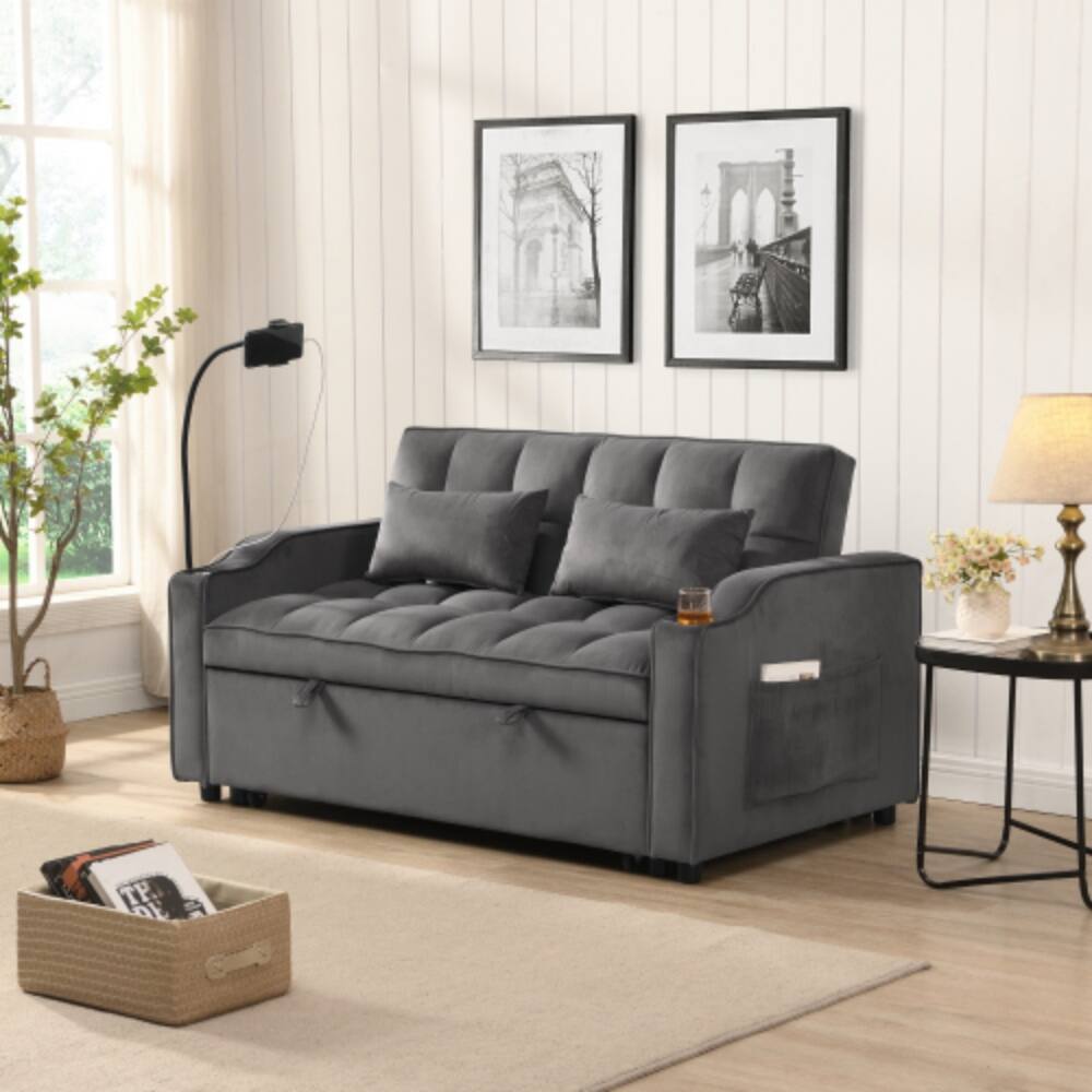 Alt View 3. LUCKY ONE - Sofa Bed w/ Trundle & Adjustable Backrest USB Ports Phone Holder 2 Pillows - Dark Gray.