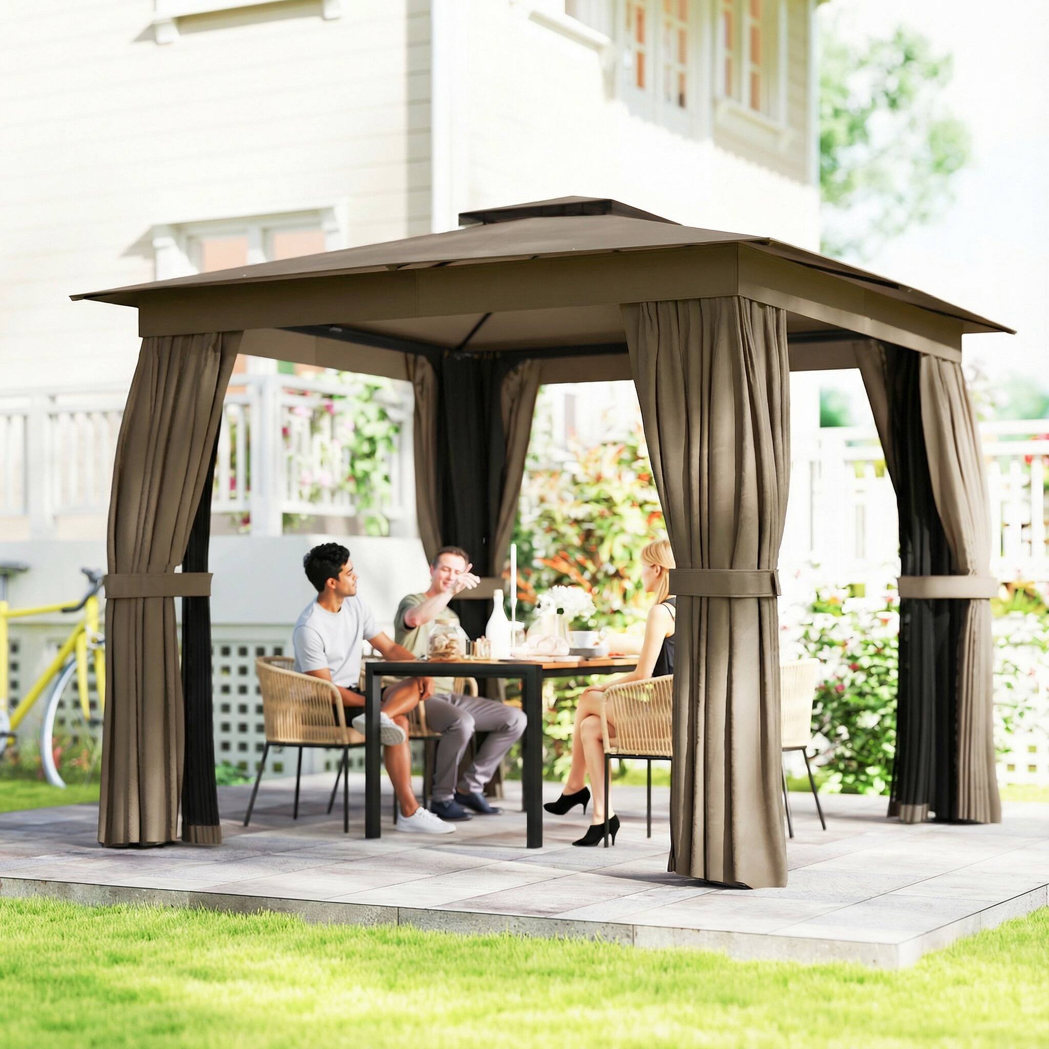 Alt View 1. Outsunny - 10' x 10' Outdoor Patio Gazebo, Soft Top Gazebo Canopy Shelter with Double Roof, Curtains, Netting, Steel Frame.