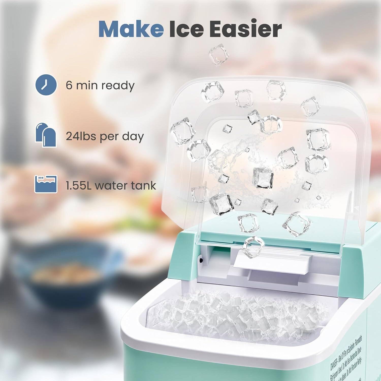 Make Ice Easier

- 6 min ready
- 24lbs per day
- 1.55L water tank