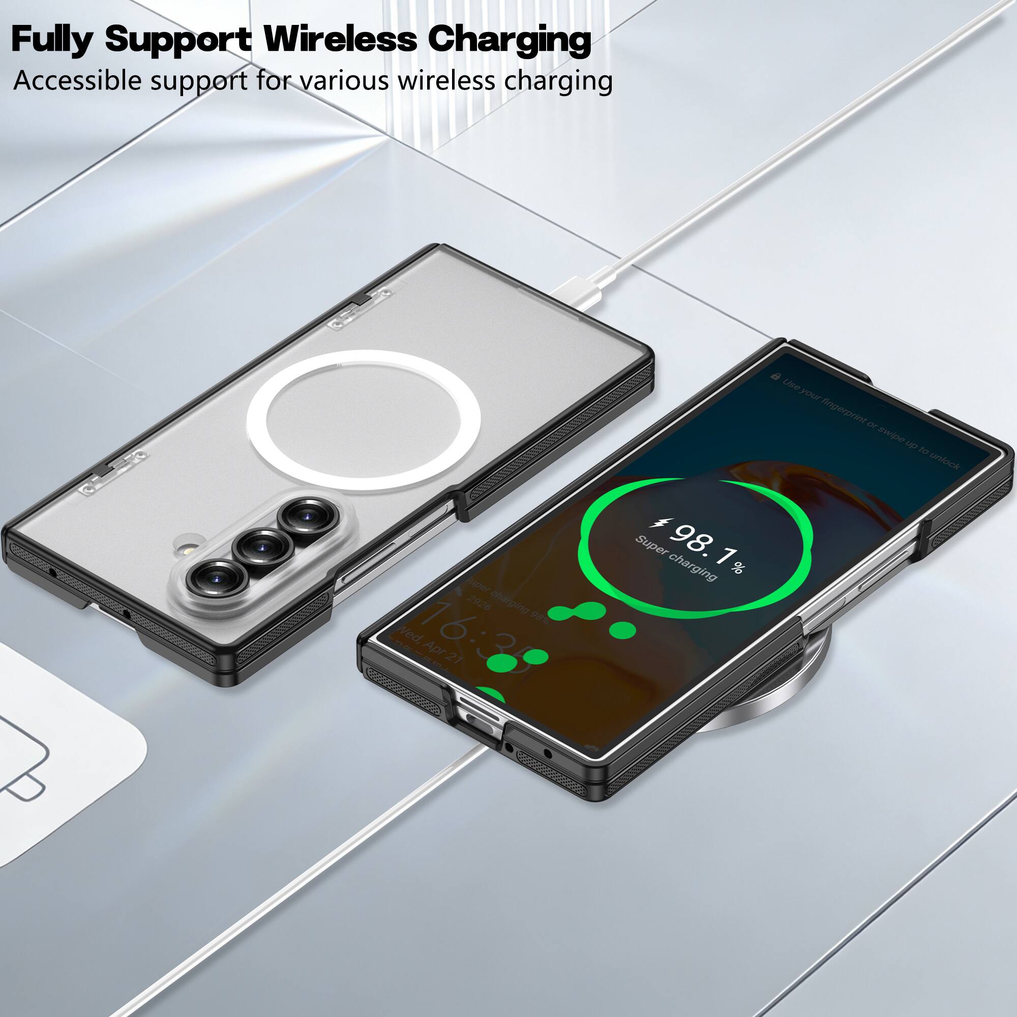 Fully Support Wireless Charging  
Accessible support for various wireless charging  

16:34 Apr 27  
Super 98.1% charging