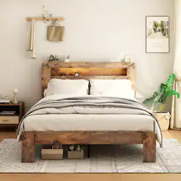 LUCKY ONE - Queen Size Wood Bed Frame with Storage LED Light Headboard and 2 USB - Dark Brown