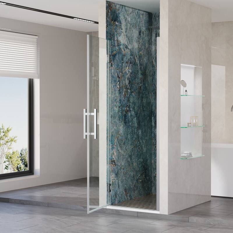 Left. WELLFOR - 25–26 in. W x 72 in. H Frameless Hinged Shower Door with 3/8" Clear Tempered Glass, Reversible Opening - Chrome.