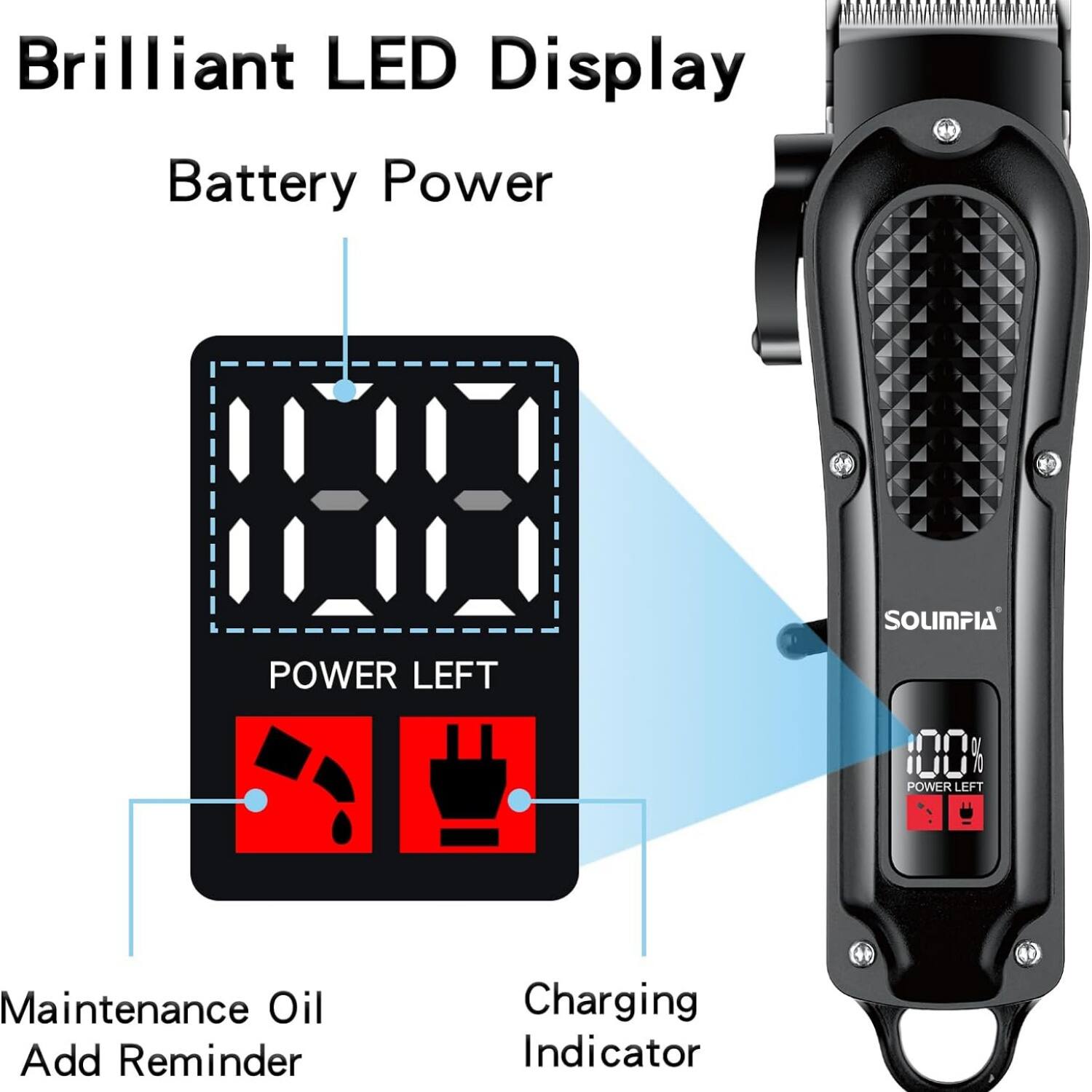 Brilliant LED Display  
Battery Power  
SOLIMPIA  
POWER LEFT  
POWER LEFT  
Maintenance Oil Add Reminder  
Charging Indicator