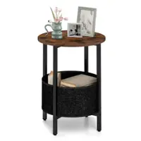 Costway - 1 PCS Round End Table with Felt Storage Basket Sturdy Metal Frame Perfect for Bedroom - Rustic Brown/Black - Front_Zoom