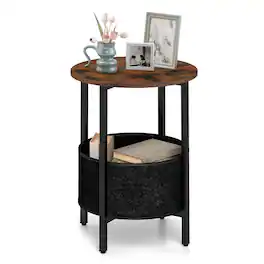 Costway - 1 PCS Round End Table with Felt Storage Basket Sturdy Metal Frame Perfect for Bedroom - Rustic Brown/Black
