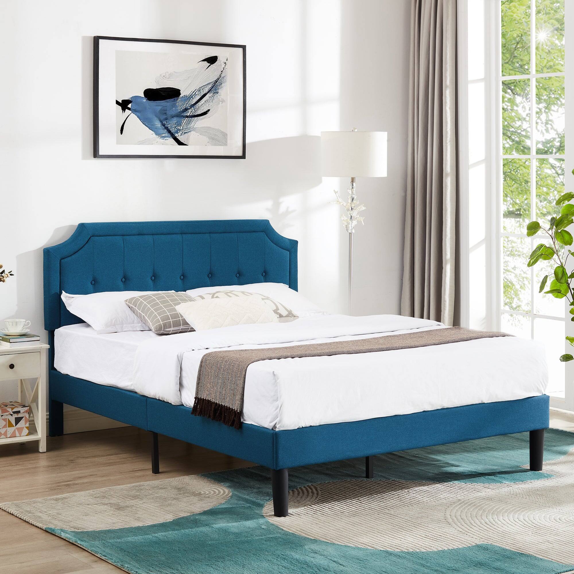 Alt View 1. Vecelo - Linen Upholstered Queen Size Bed Frame with Adjustable Headboard - Noise Free Platform Bed, 8" Under Bed Storage - Blue.