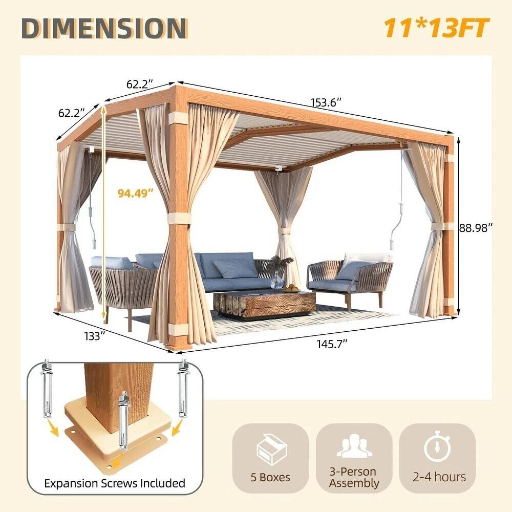 DIMENSION  
11*13FT  

62.2"  
62.2"  
153.6"  
94.49"  
88.98"  
133"  
145.7"  

Expansion Screws Included  
5 Boxes  
3-Person Assembly  
2-4 hours