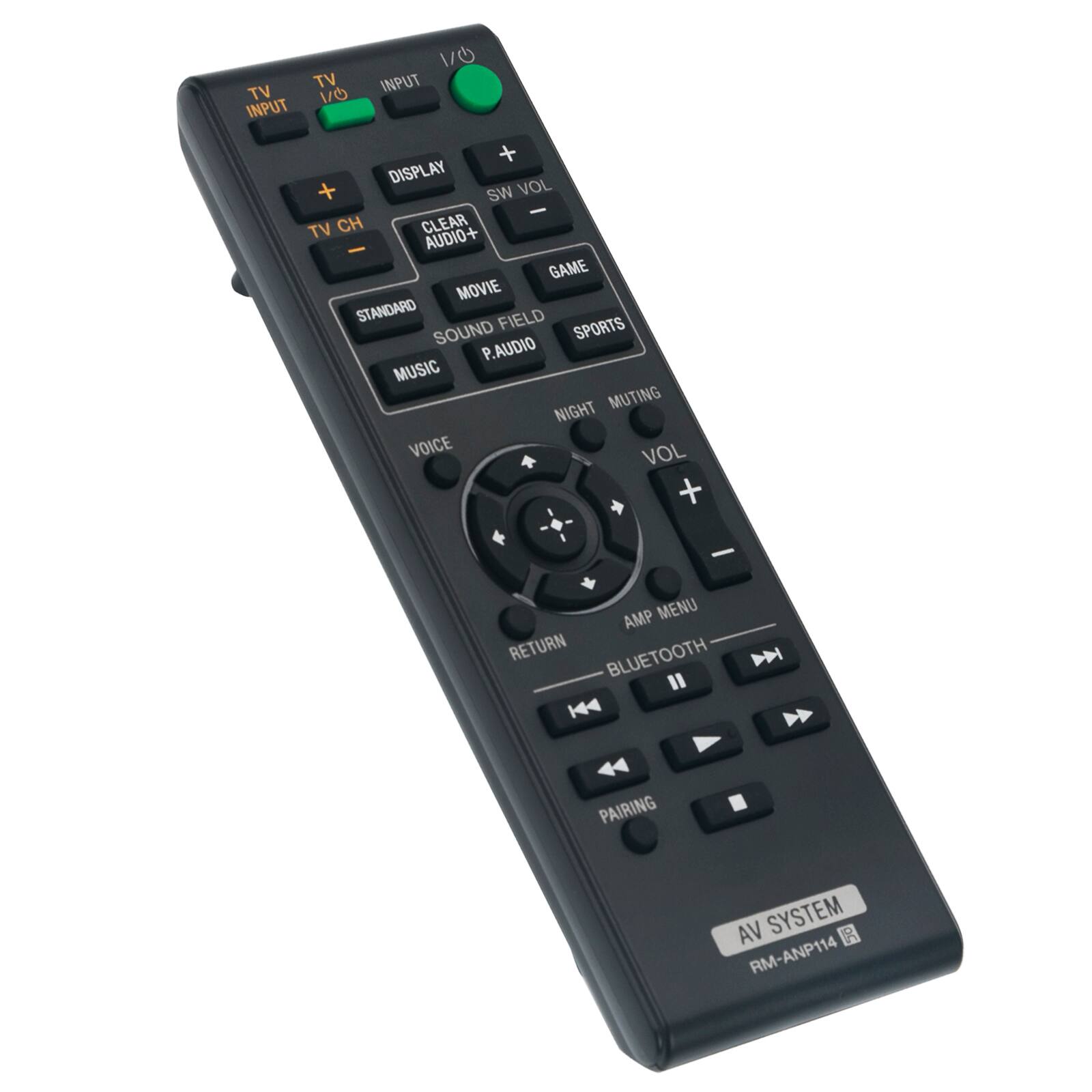 1/6 TV INPUT TV 1/0 INPUT + DISPLAY + SW VOL - TV CH CLEAR - AUDIO+ GAME MOVIE STANDARD FIELD SOUND SPORTS P.AUDIO MUSIC MUTING NIGHT VOICE VOL + + I AMP MENU RETURN BLUETOOTH D H  44 PAIRING AV SYSTEM R RM-ANP114