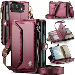 UUCOVER - Magnetic Zipper Wallet Case for Apple iPhone Duo Leather Card Slots RFID Blocking Stand Cover with Shoulder/Wrist Strap - Winered